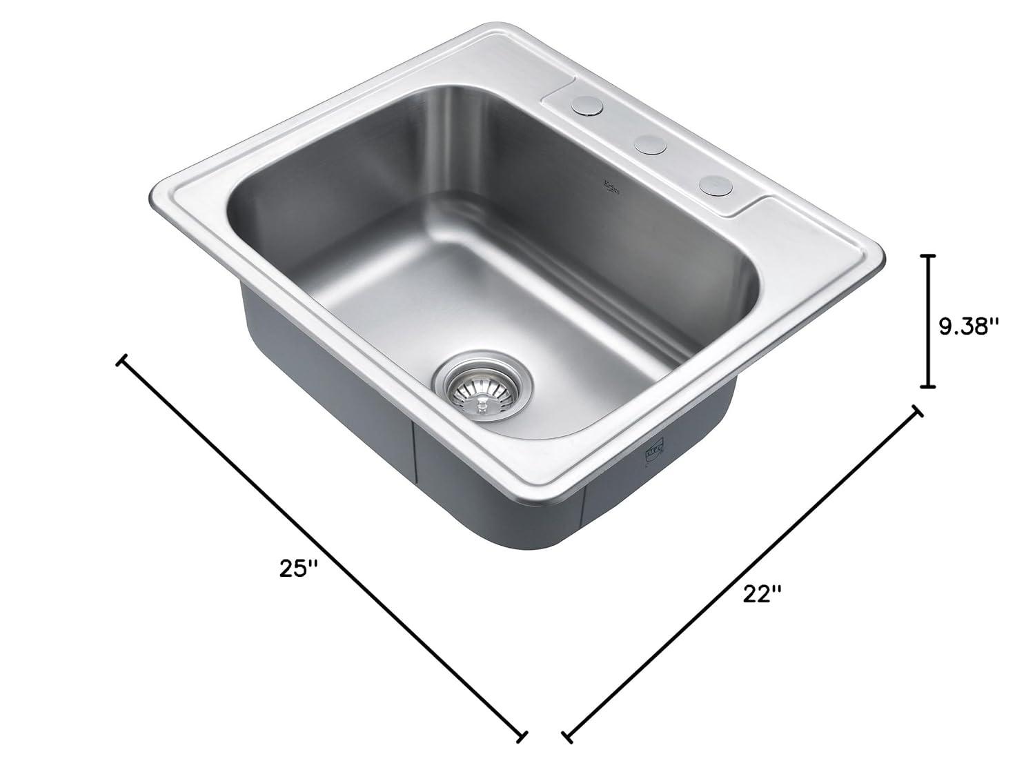 KRAUS 25 inch L Topmount Single Bowl 18 Gauge Stainless Steel Kitchen Sink with NoiseDefend Soundproofing