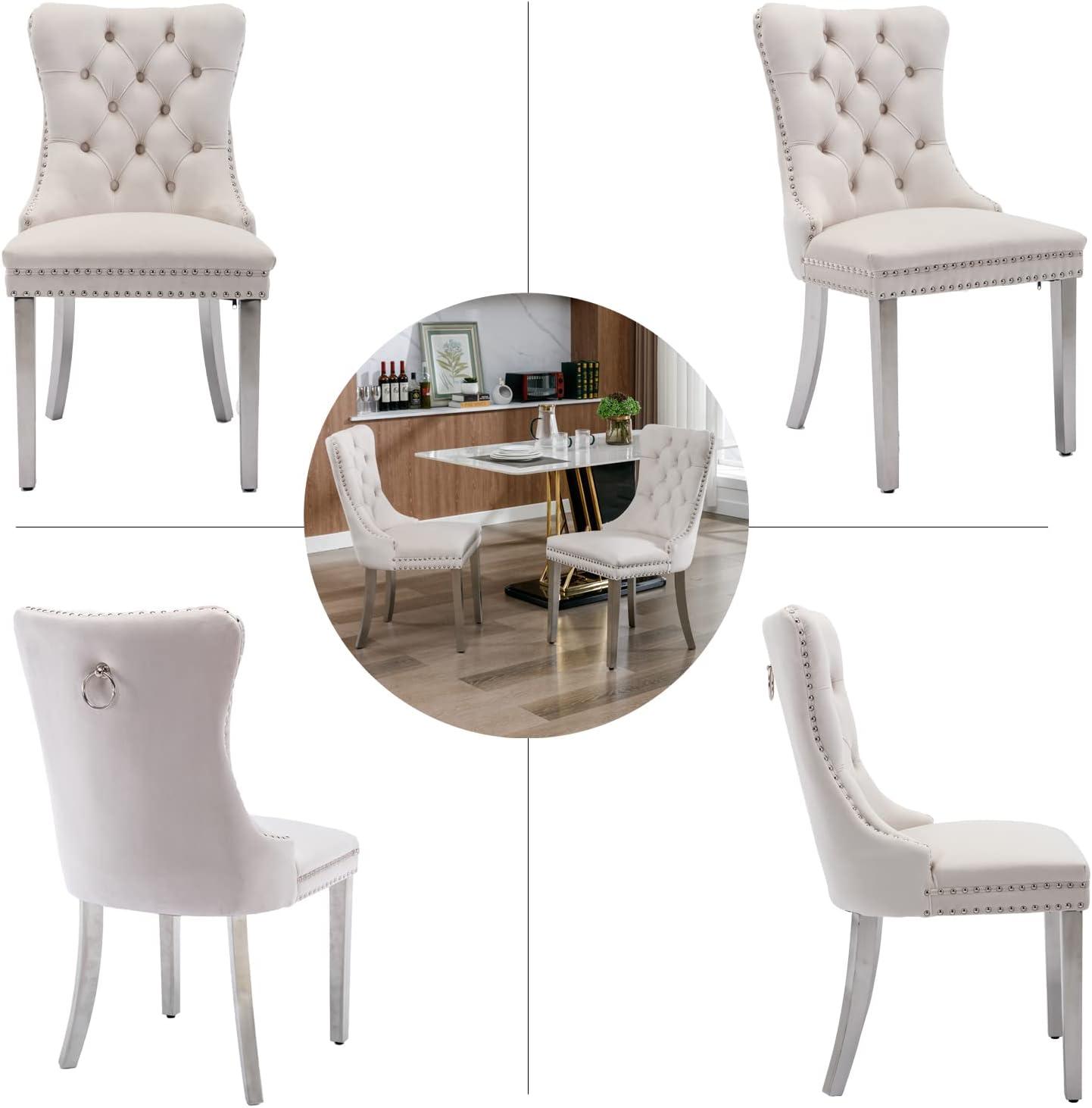 ODUSE-DAILY Beige Velvet Dining Chairs Set of 6, Kitchen & Dining Room Chairs, Tufted Dining Chairs, Fabric Upholstered, Solid Wood, Sillas De Comedor (Beige, 6 Pcs)