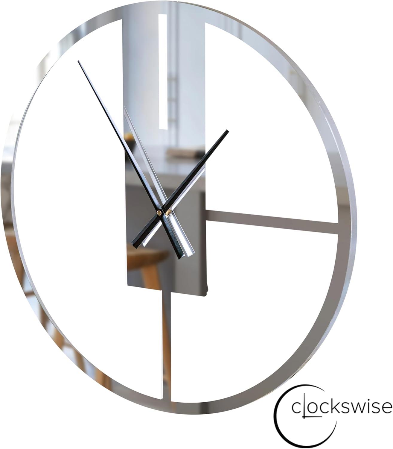 Clockswise Modern Round Big Wall Clock with Mirror Face, Decorative Silver Metal 22.75” oversized timepiece, Hanging Supplies Included