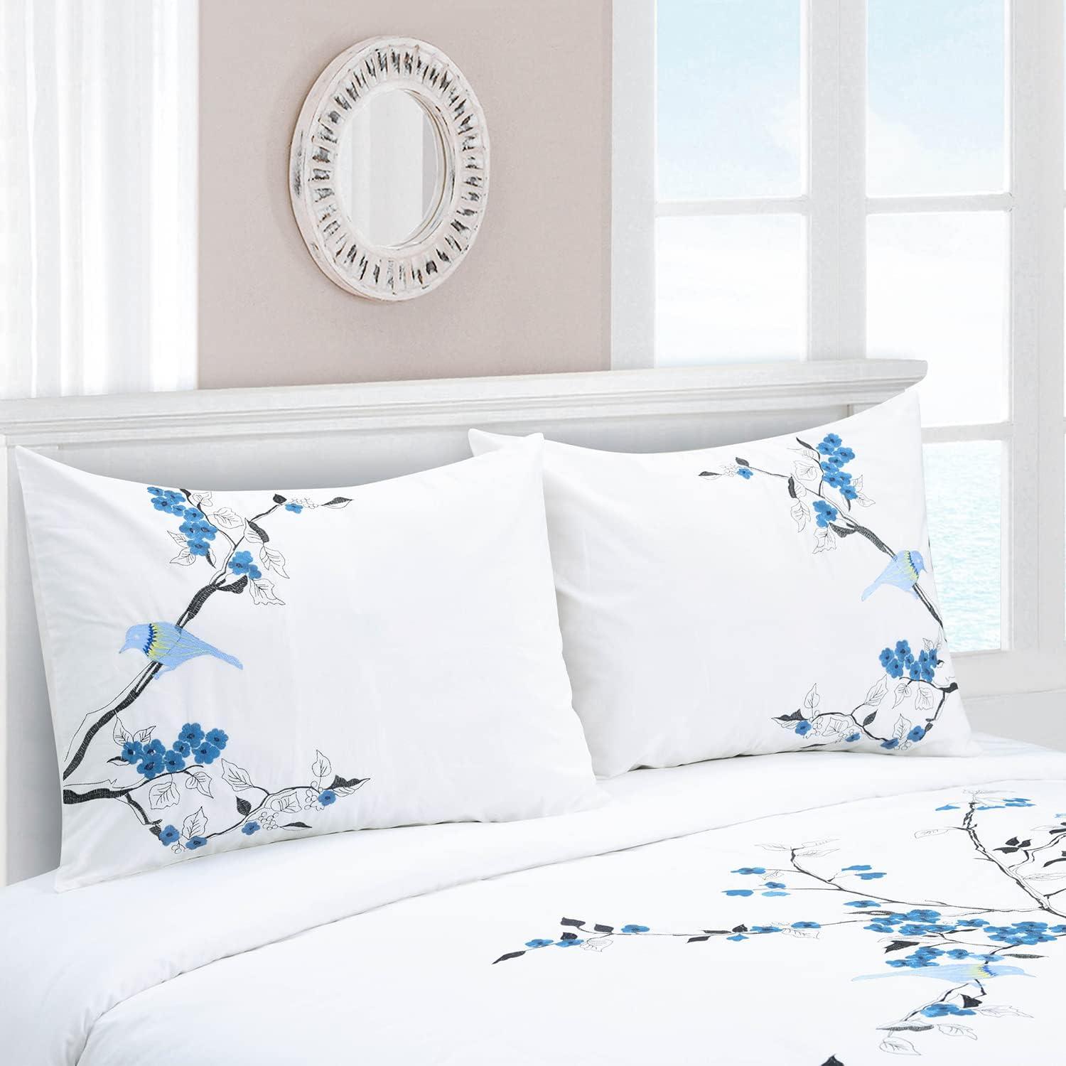 Cherry Garden 100% Cotton Embroidered Floral Bird Duvet Cover Set Blue / King/Cal King