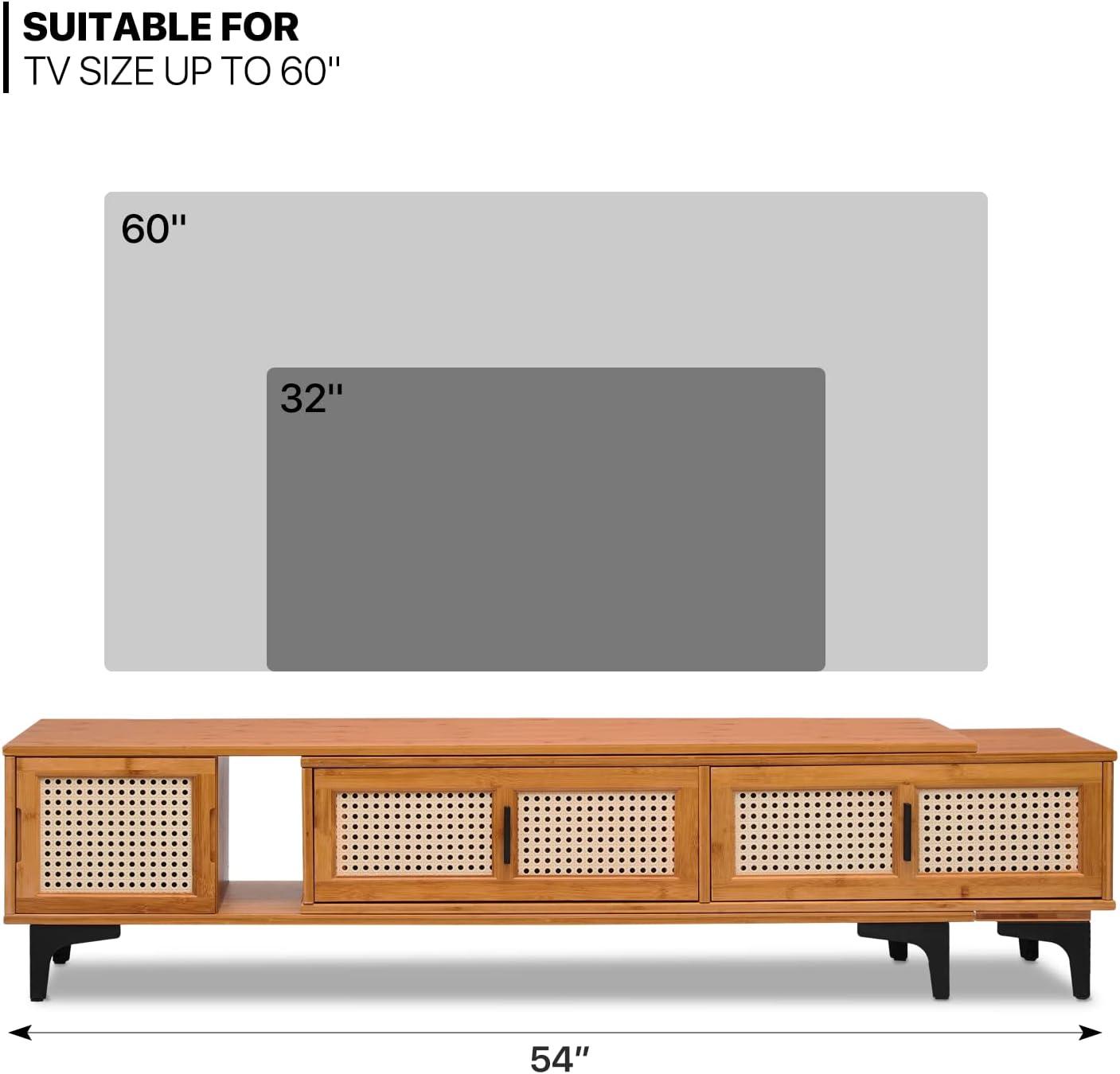 MoNiBloom Bamboo TV Stand with Storage Cabinet, 54" to 82.5" Extendable Length TV Console for Home Living Room