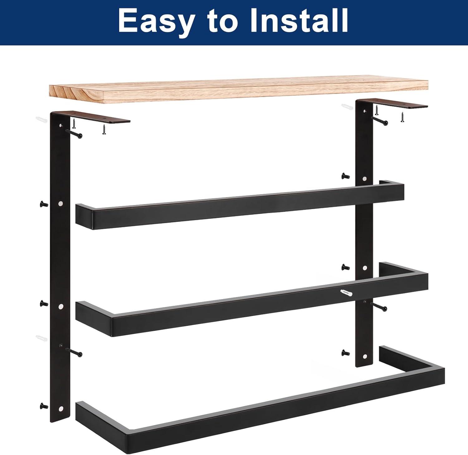 Matte Black Wall Mounted 3-Tier Towel Rack with Wood Shelf