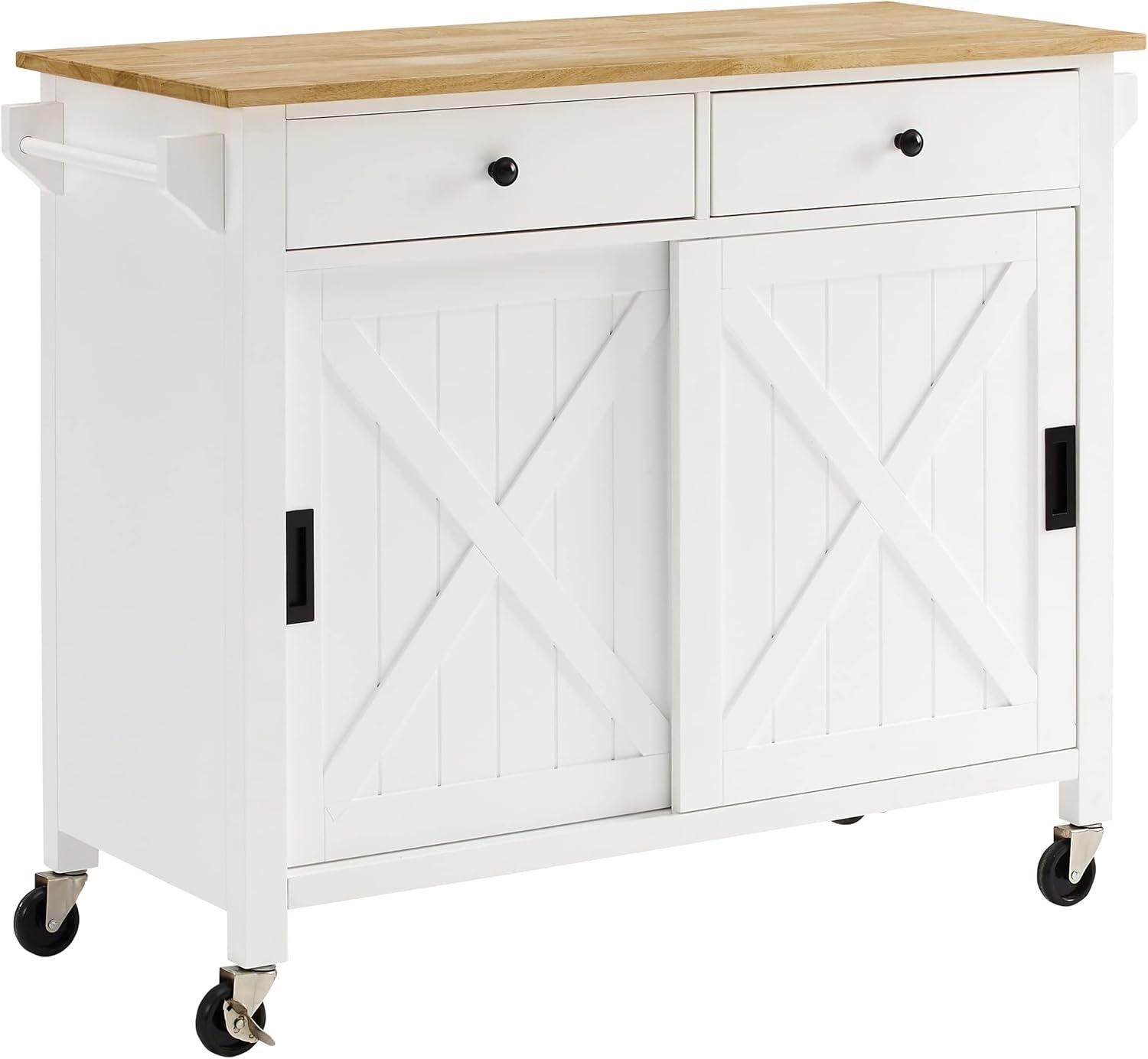 Laurel Kitchen Island/Cart White/Natural - Crosley: Farmhouse Style, Towel Bar, Adjustable Shelf