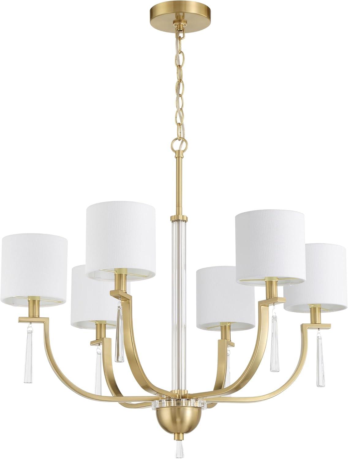 Fortuna Satin Brass 6-Light Chandelier with White Linen Shades