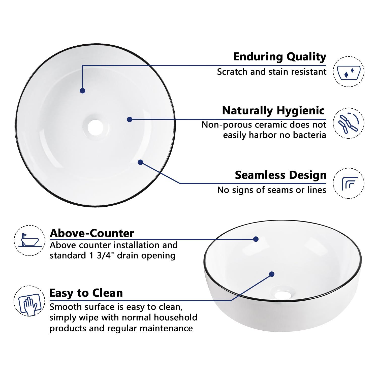 DeerValley Symmetry 16'' Circular White/Black Ceramic Vessel Bathroom Sink