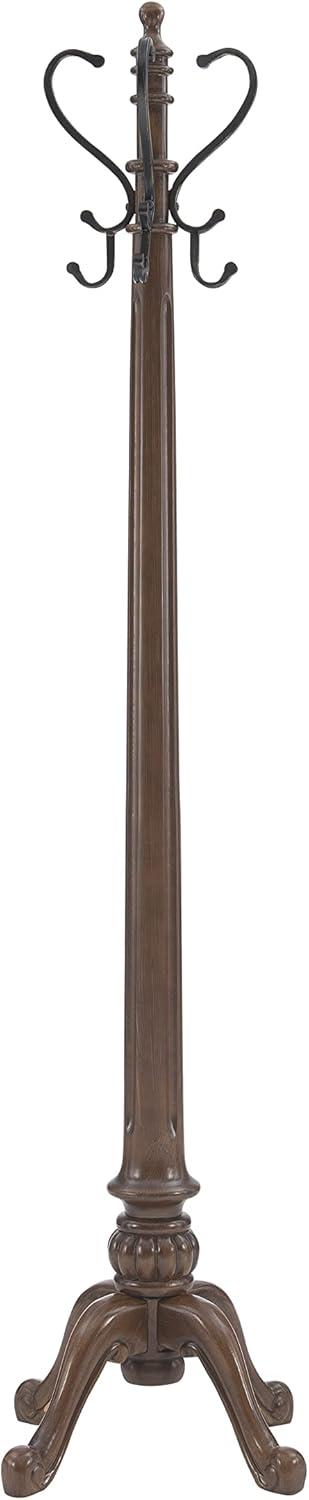 Linon Barrier Reef Wood Coat Rack 8 Antique Brass Hooks Curved Legs in Brown