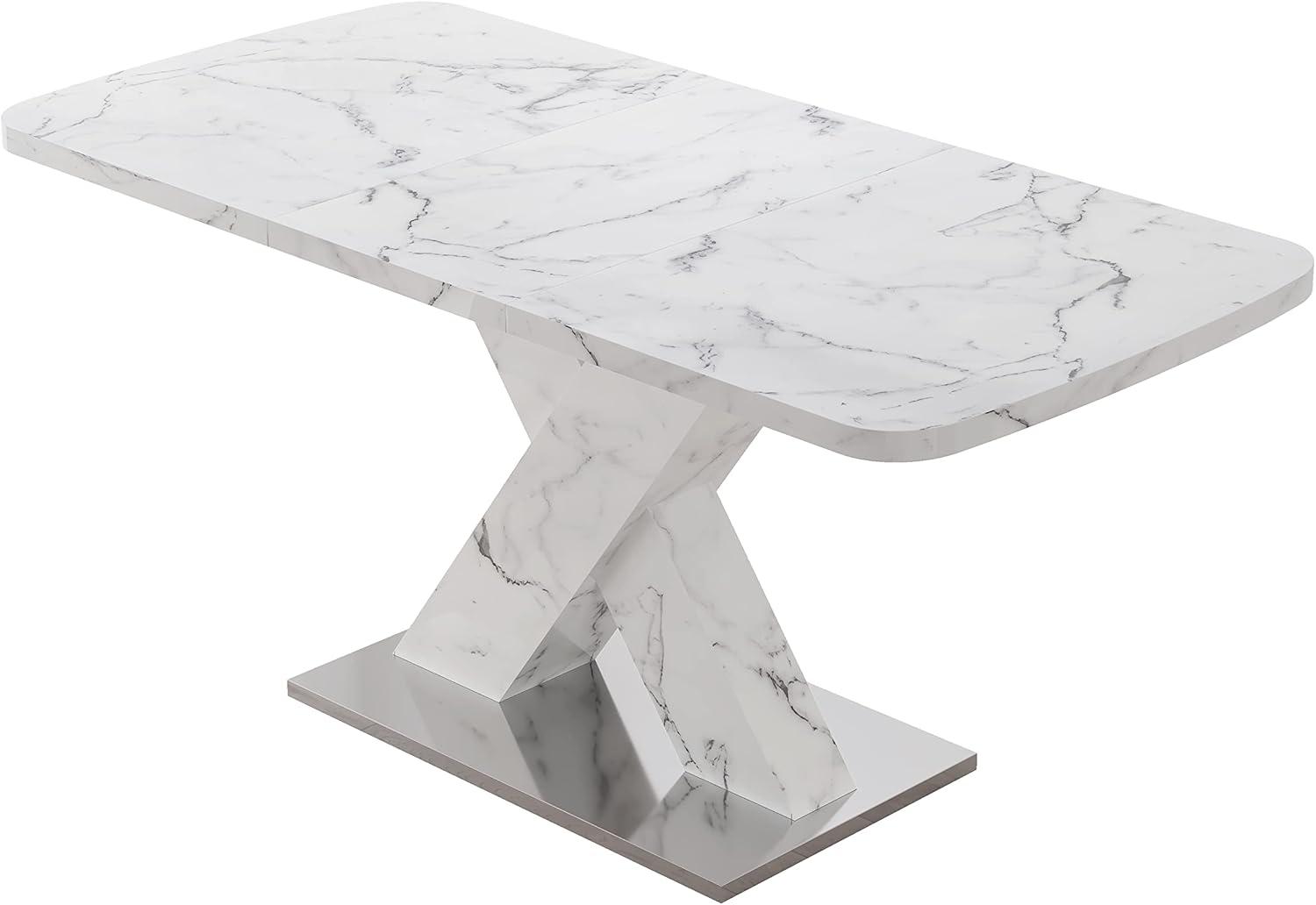 Extendable Dining Table for 4-6 People, Expandable 47-63 Inch Modern White Faux Marble Dining Room Table with MDF Table Top X-Shape Table Leg Metal Base (White Top, White Leg)