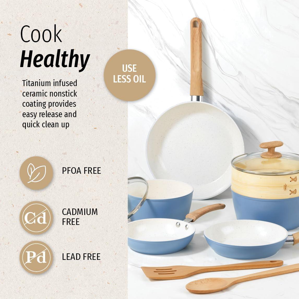 GoodCook 10-Piece Healthy Ceramic Titanium-Infused Cookware Set, Light Blue