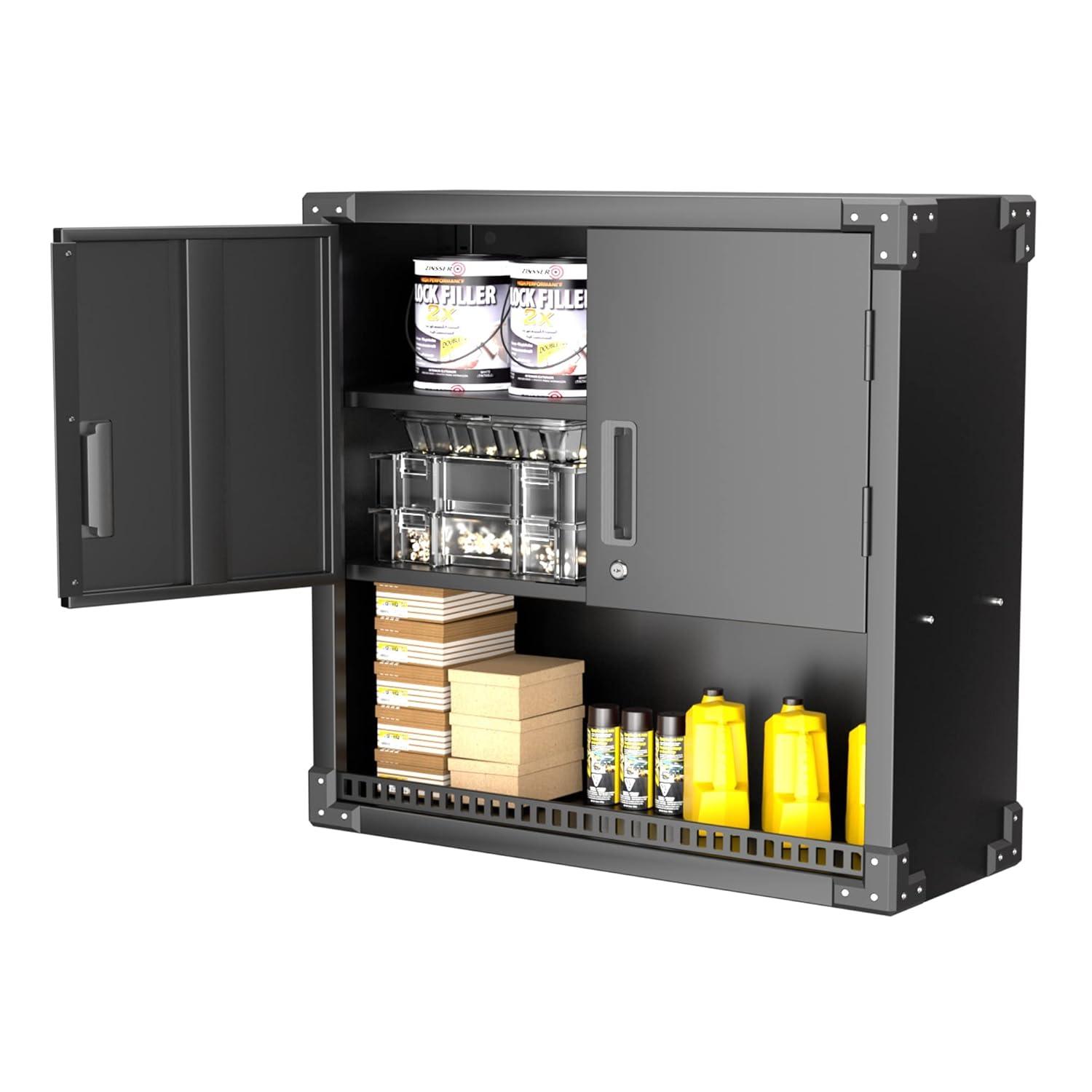 AOBABO Metal Garage Wall Mounted Storage Cabinet with Locking Door, Shelf, and Opened Drawer for Warehouse and Office Organization, Black