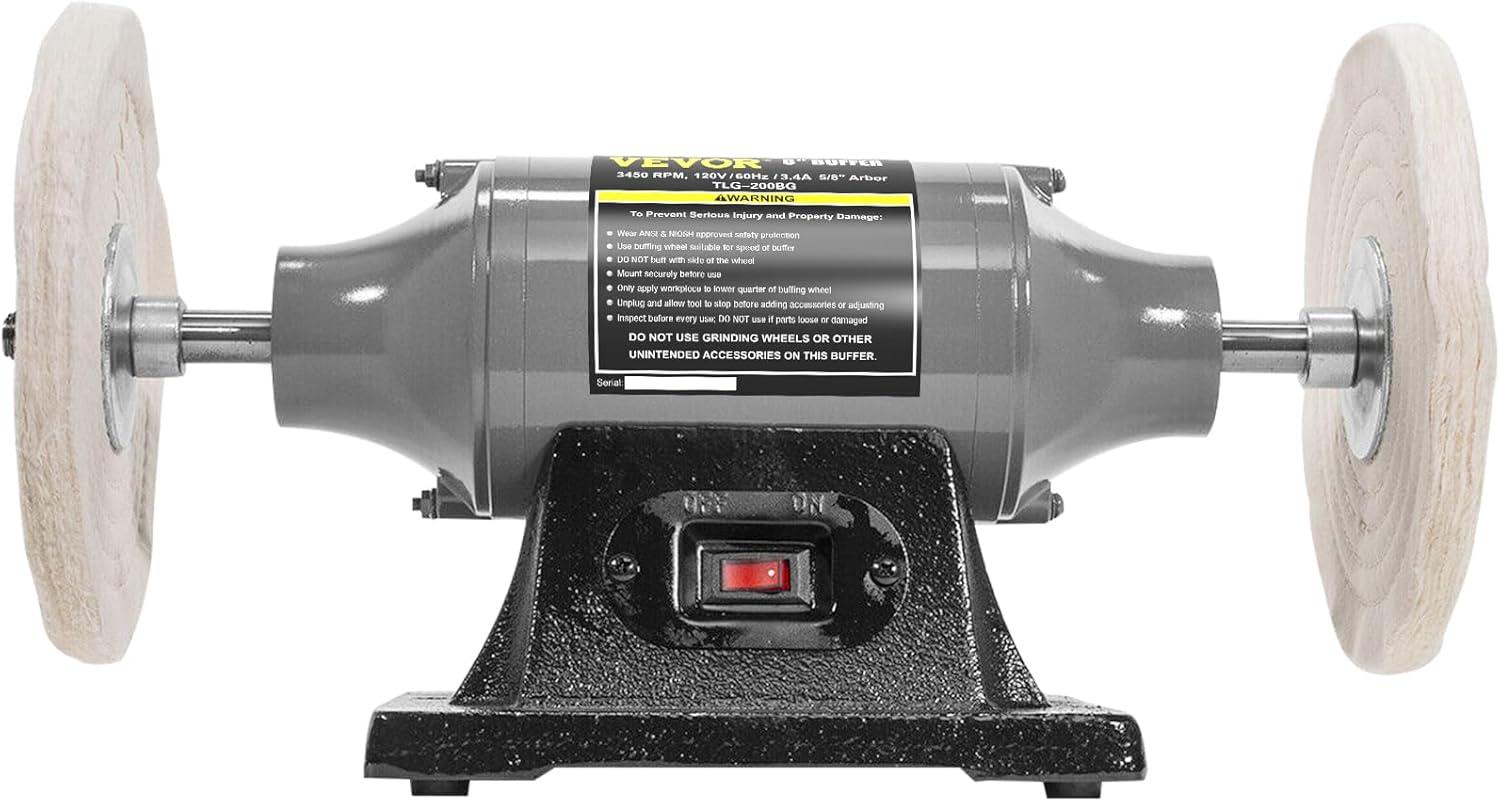 VEVOR Bench Buffer Polisher, 1/2HP Polishing Buffing Machine, 0 to 8000RPM Benchtop Polisher Grinder with 4" Cloth Wheel, 3" Grinding Wheel & 3" Fiber Wheel for Metal, Jewelry, Wood and Plastic