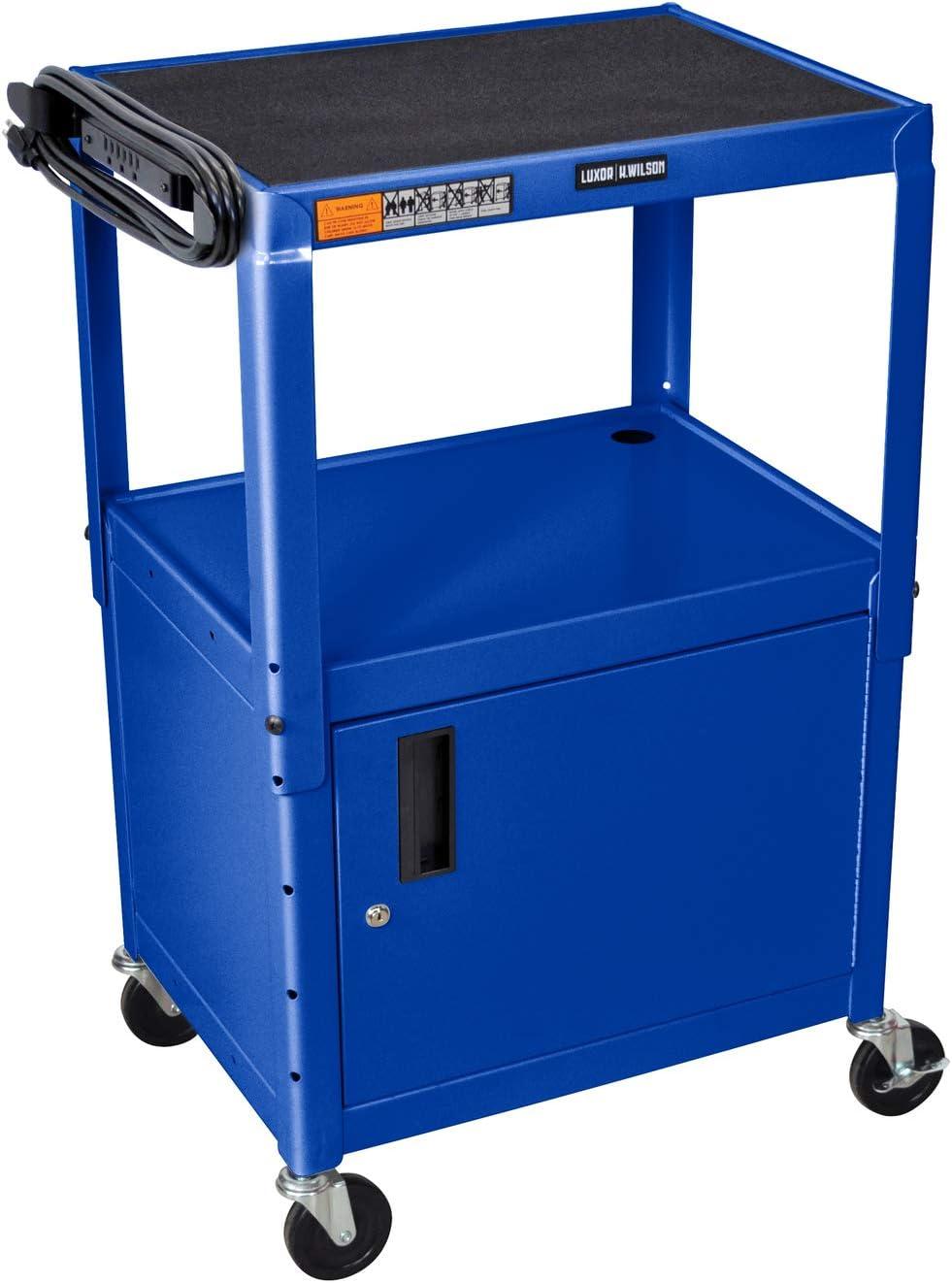 Blue Adjustable Height Steel AV Cart with Lockable Cabinet