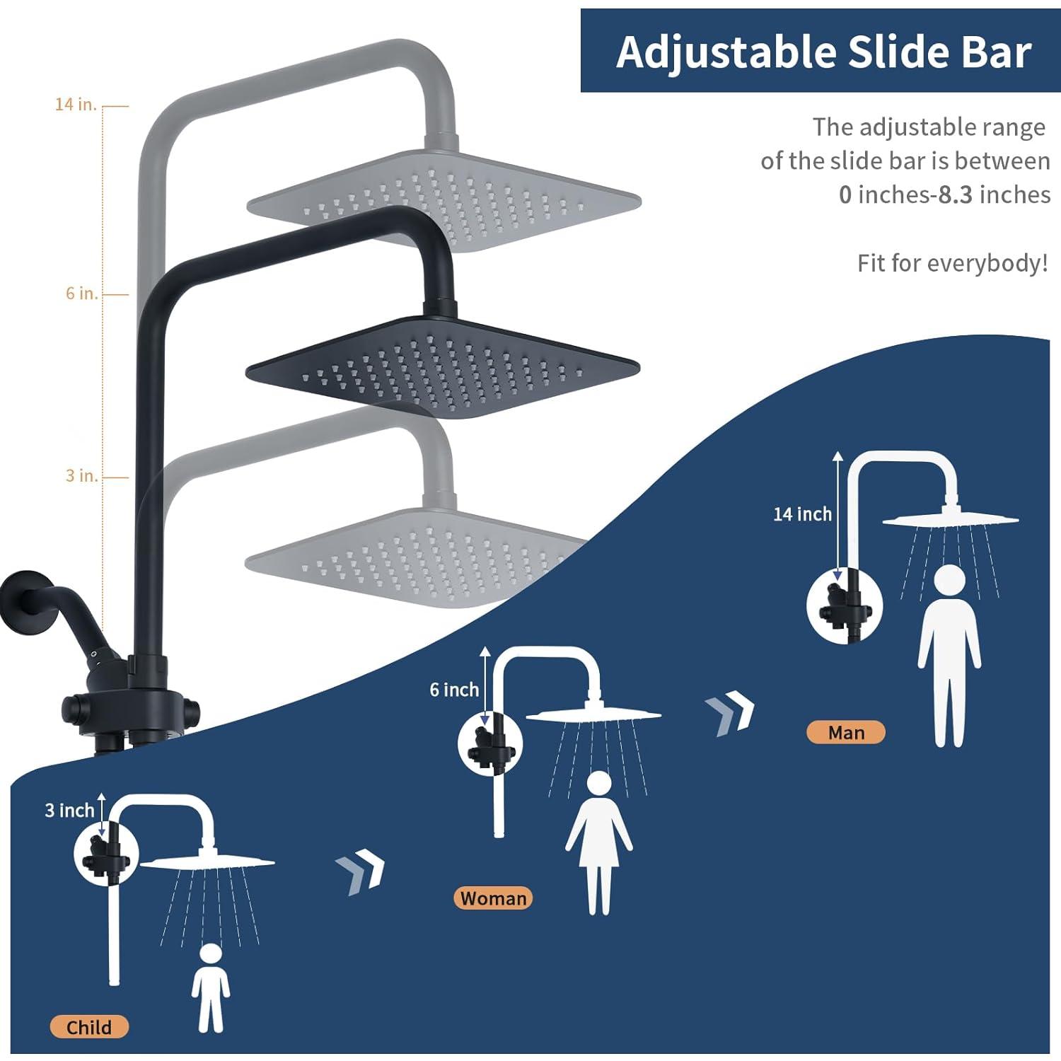 8" Dual Shower Head Combo, Rainfall Shower Head with Handheld, 6 Spray Settings Angle Adjustable Handheld Shower Head with Pause, Height Adjustable, Matte Black