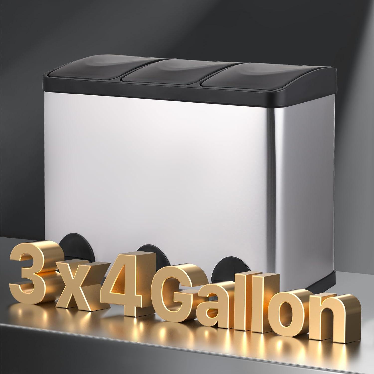MoNiBloom 12 Gallon Trash Can with 3 Compartments, Step On Garbage Can with Soft-Close Lids and Inner Buckets