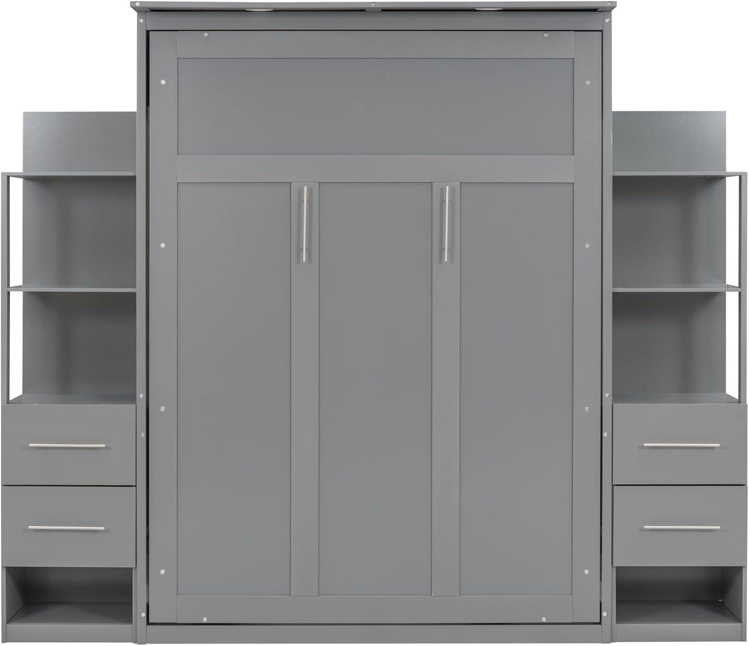 Gray Full Murphy Bed with Storage Shelves and Drawers