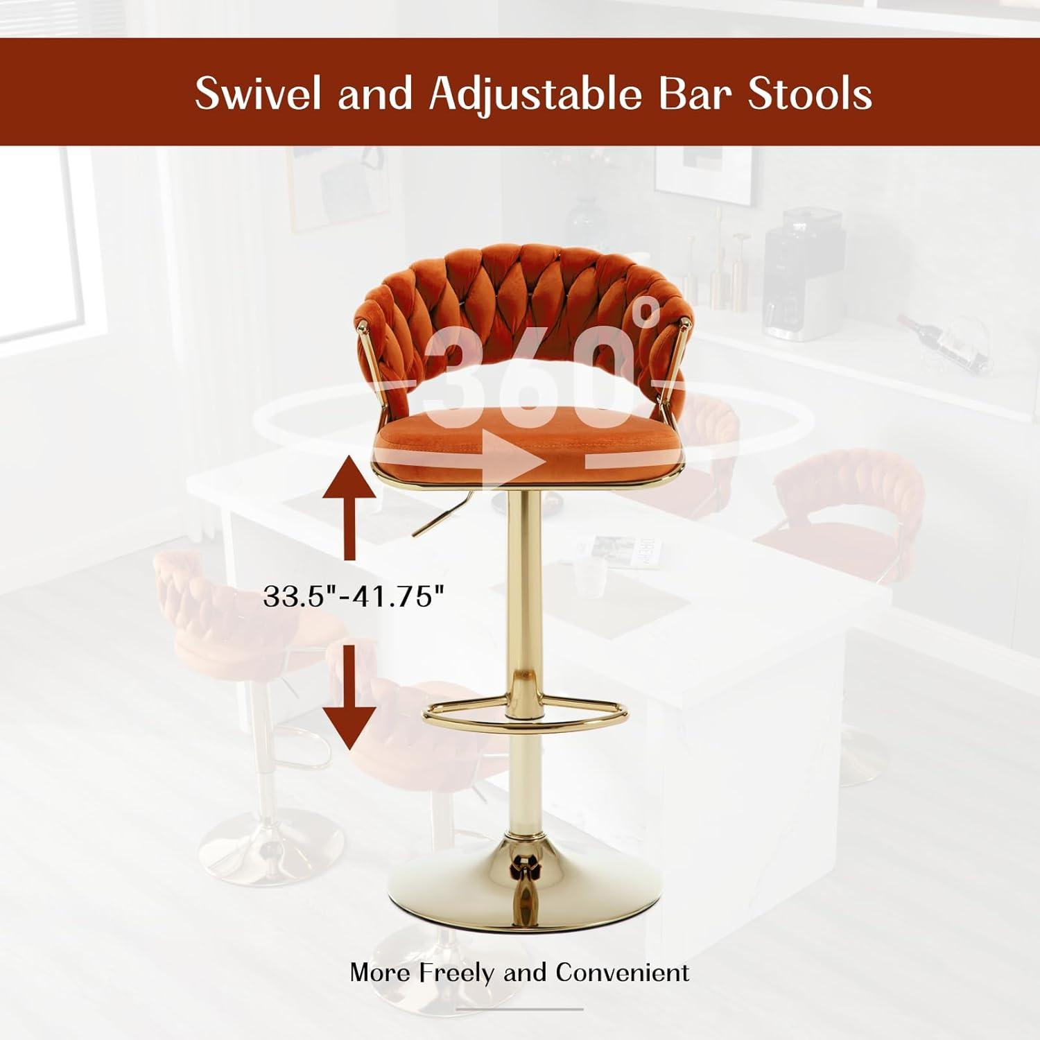 Modern Velvet Adjustable Swivel Bar Stools (Set of 2) Orange