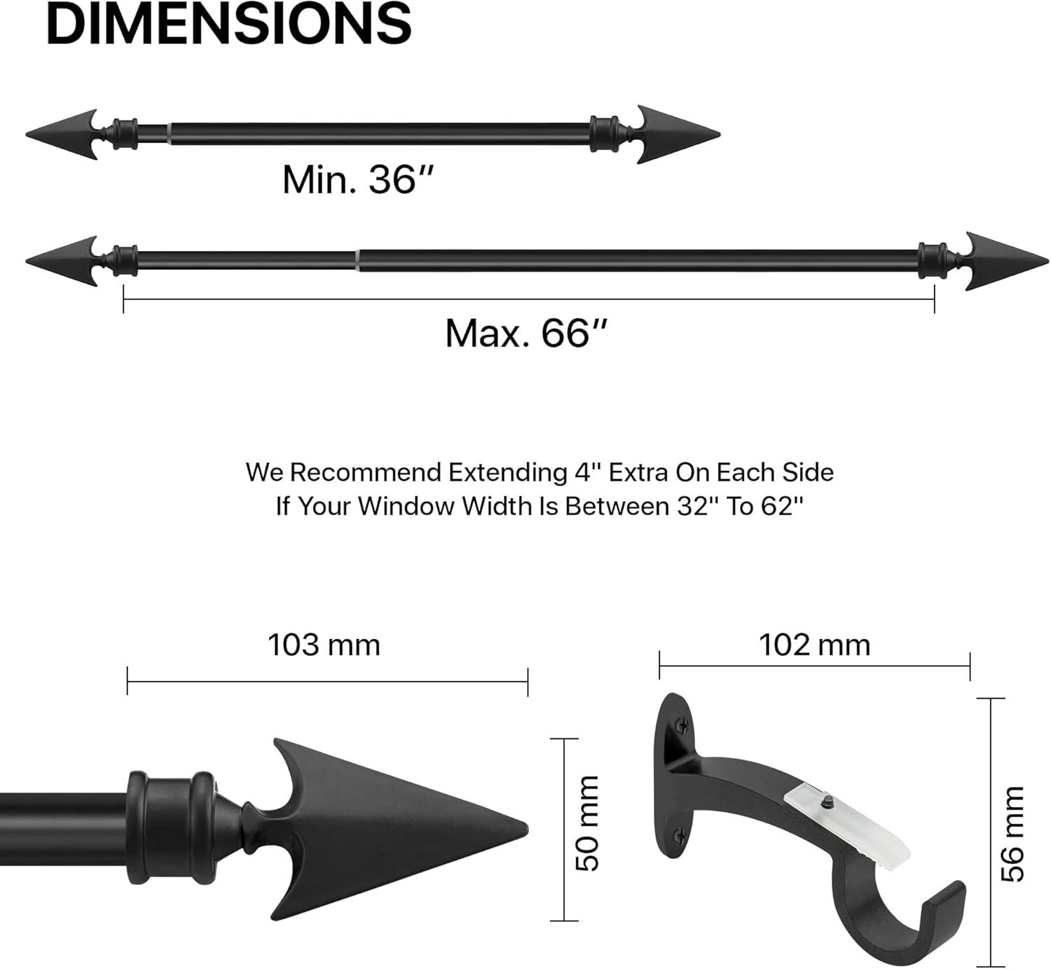 Deco Essential 36 to 66 Inches Adjustable Curtain Rod for Windows with Flat Arrow Finials & Bracket Set (3/4'' Diameter,Black)