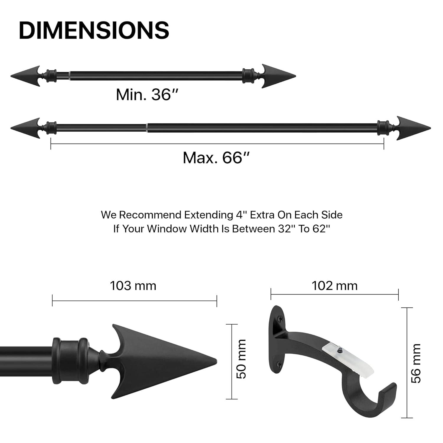 Deco Essential 36 to 66 Inches Adjustable Curtain Rod for Windows with Flat Arrow Finials & Bracket Set (3/4'' Diameter,Black)