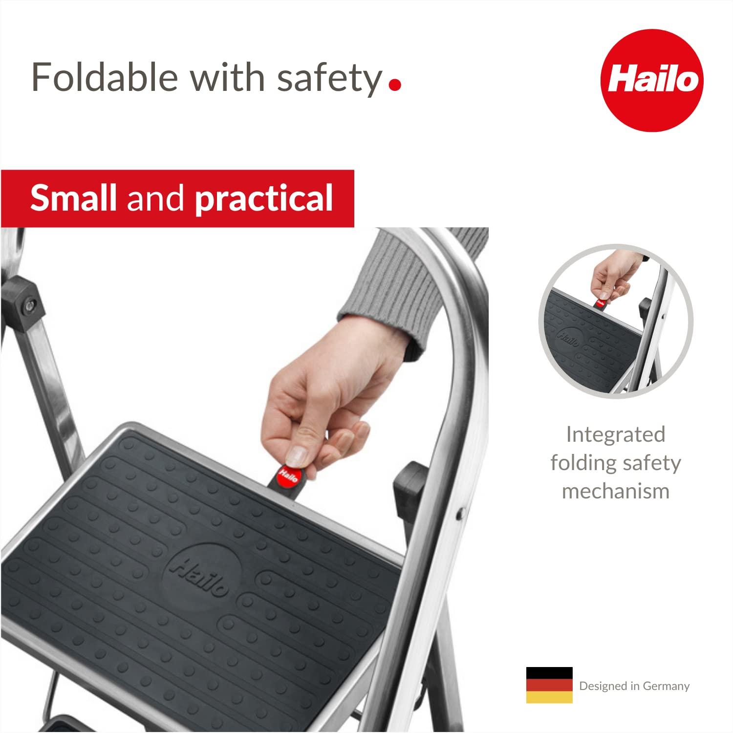 Hailo USA Inc. Hailo Folding Step Stool, Non-Slip 3 Step Ladder for Home & Kitchen, K70, Silver