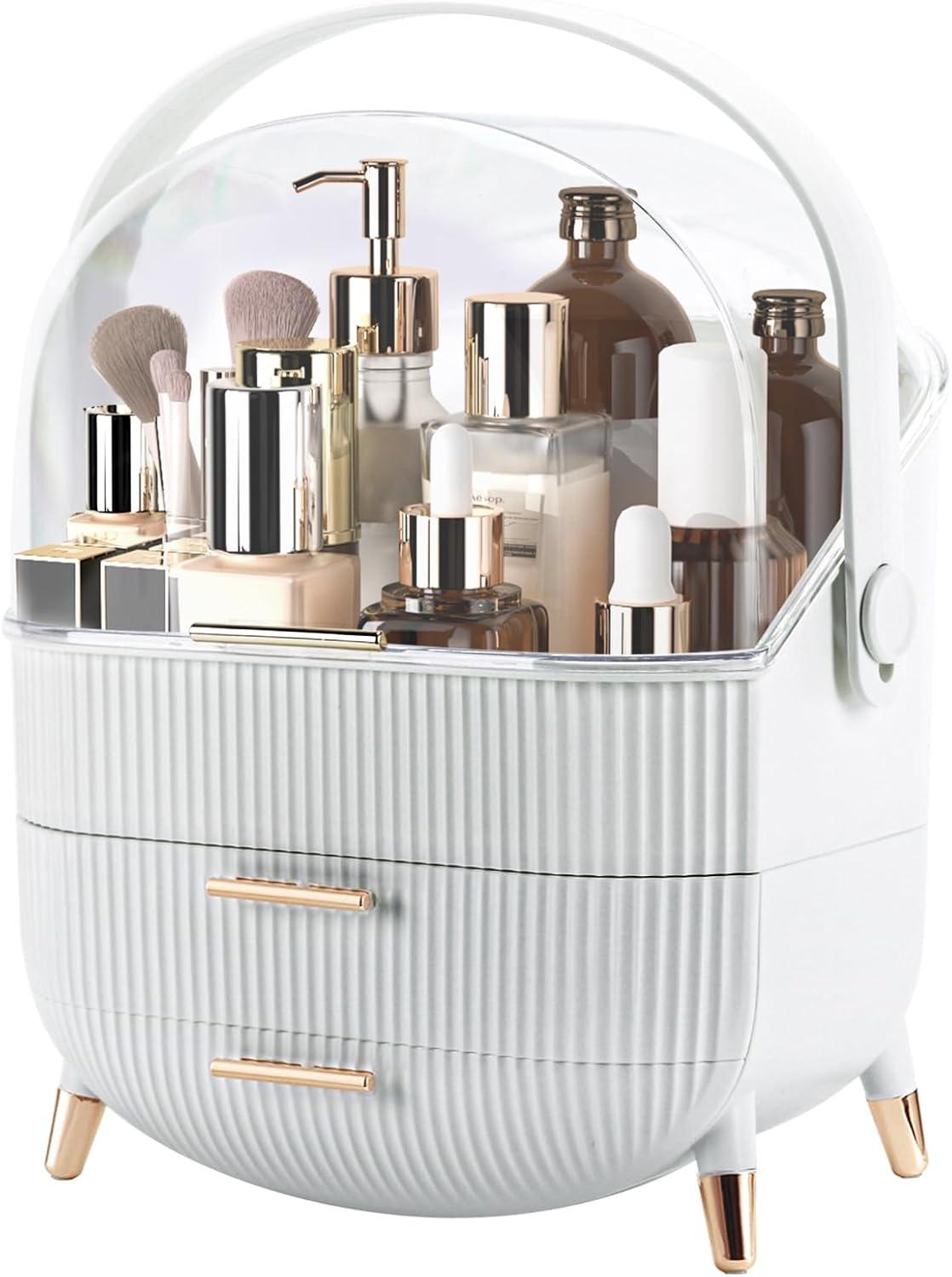 White ABS Makeup Organizer with Lid and Drawers