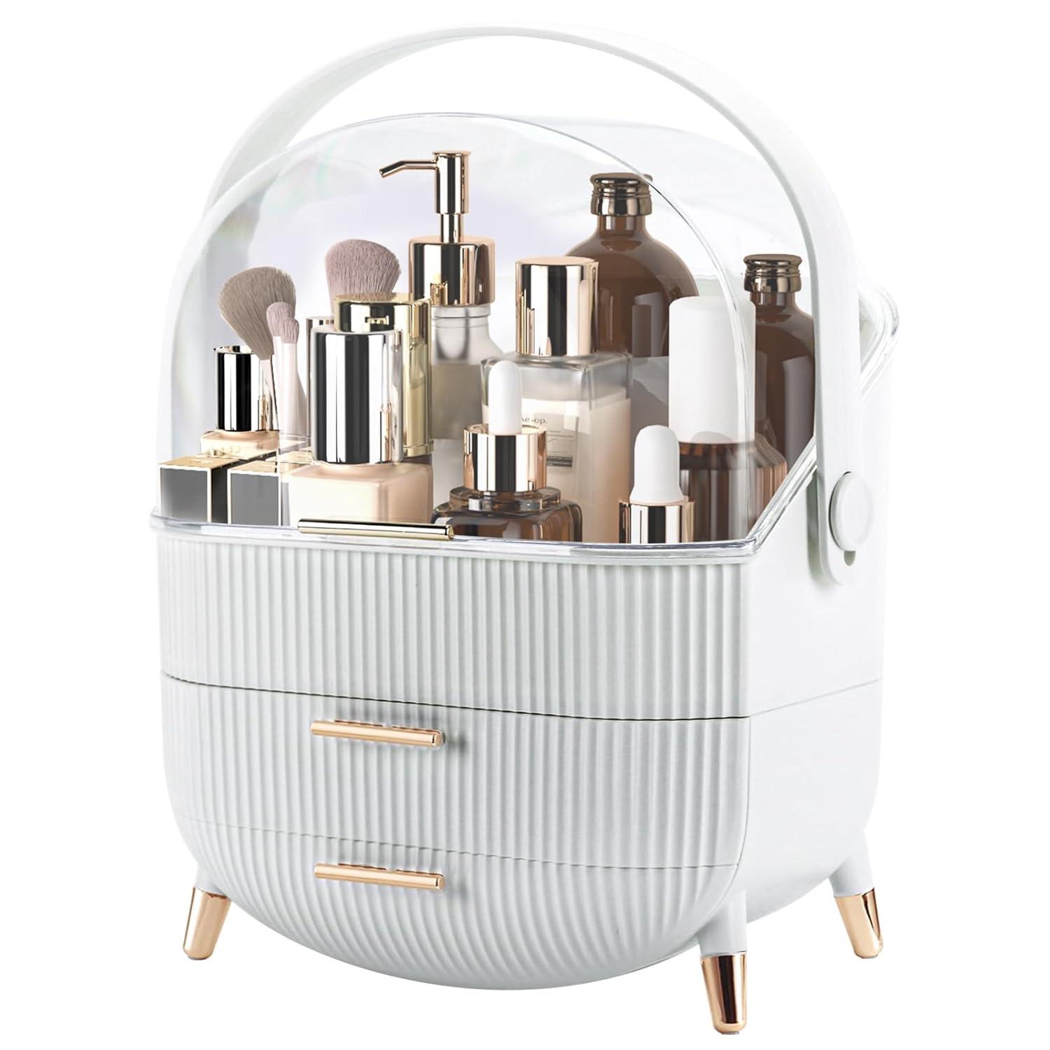 White ABS Makeup Organizer with Lid and Drawers