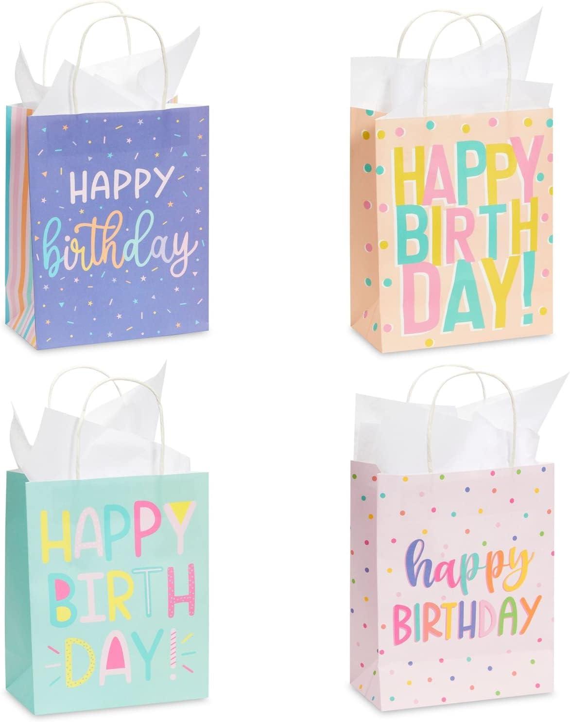 Sparkle and Bash 24 Pack 8 x 10 x 4 Inch Happy Birthday Gift Bags with Handles and 24 Sheets White Tissue Paper, 4 Pastel Colors