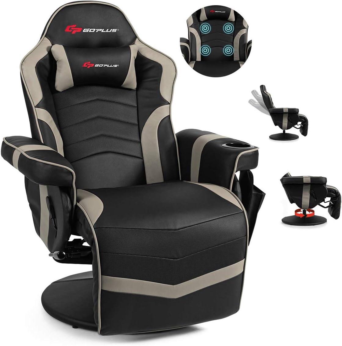 Costway Massage Gaming Recliner Reclining Racing Chair Swivel Gray
