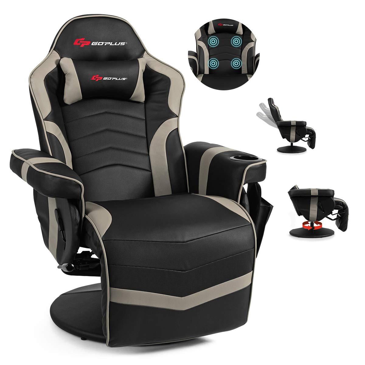 Costway Massage Gaming Recliner Reclining Racing Chair Swivel Gray
