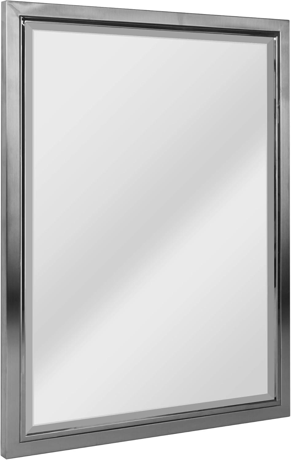 Head West Brushed Nickel and Chrome Metal Framed Vanity Mirror for Bathroom - Beveled-Edge Bedroom Mirror with Z-Bar Brackets for Vertical & Horizontal Placement - 24"x30"