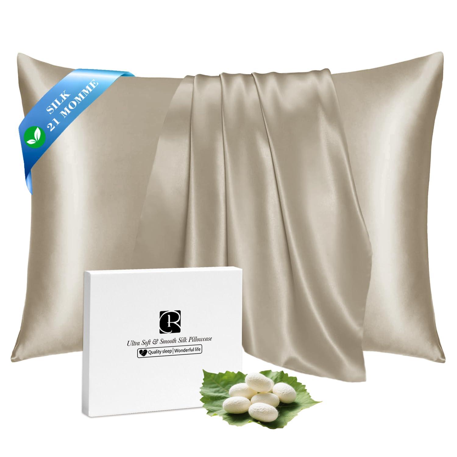 Ravmix Silk Pillow Cases with Zipper, 21momme Mulberry Silk Pillowcase for Hair Skin Health, Soft Smooth Breathable Cool Pillow Cover for Beauty Sleep with Gift Box 1PC(King 20"x36", Taupe)