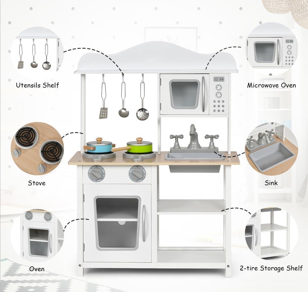 Resenkos Wooden Pretend Play Kitchen Set for Kids with Accessories and Sink, Kids Play Kitchen for Kids Ages 3-8, Gourmet Kitchen Kid's Wooden Play Kitchen