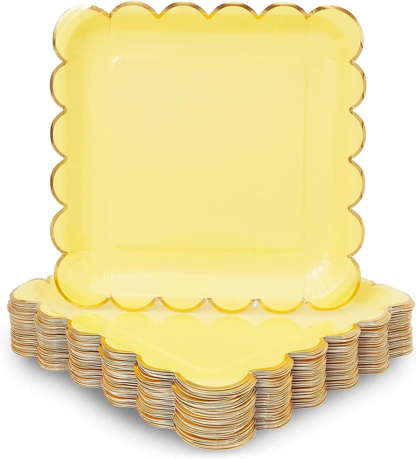 Sparkle and Bash 48-Pack Pastel Yellow Square Disposable Paper Plates, Gold Foil Scalloped Edge 9 In