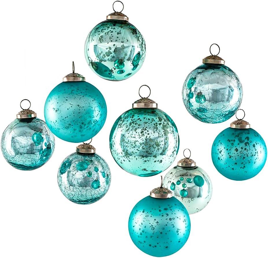 Teal Glass Christmas Ornaments Set of 9