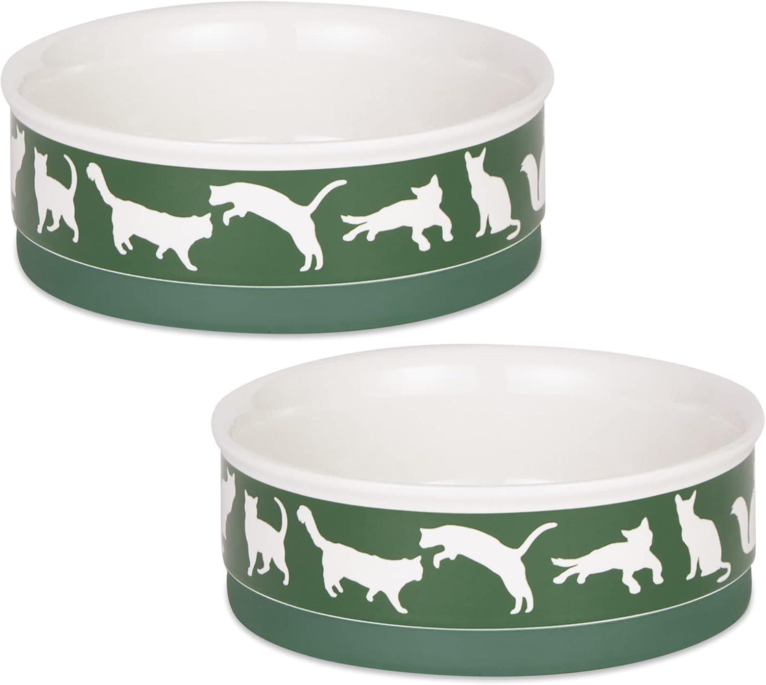 Hunter Green Ceramic Cat Bowls with Non-Skid Bottom, Set of 2