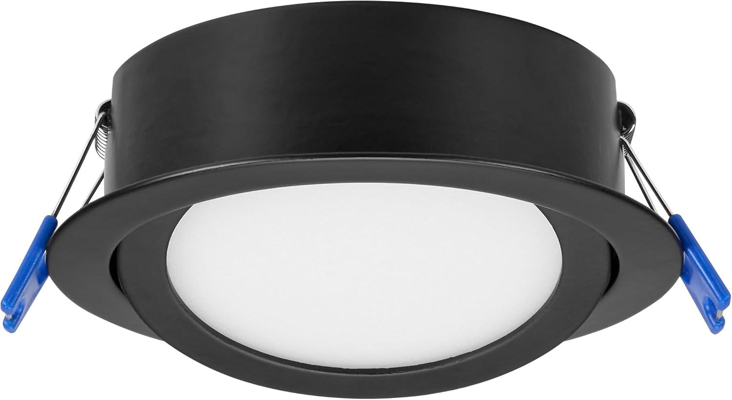 Maxxima 4 in. 5 CCT Ultra-Thin Recessed LED Gimbal Downlight 700 Lumens, Color Selectable 2700K-5000K (2700K/3000K/3500K/4000K/5000K), Dimmable, Canless, Slim IC Rated, Black Trim, J-Box Included