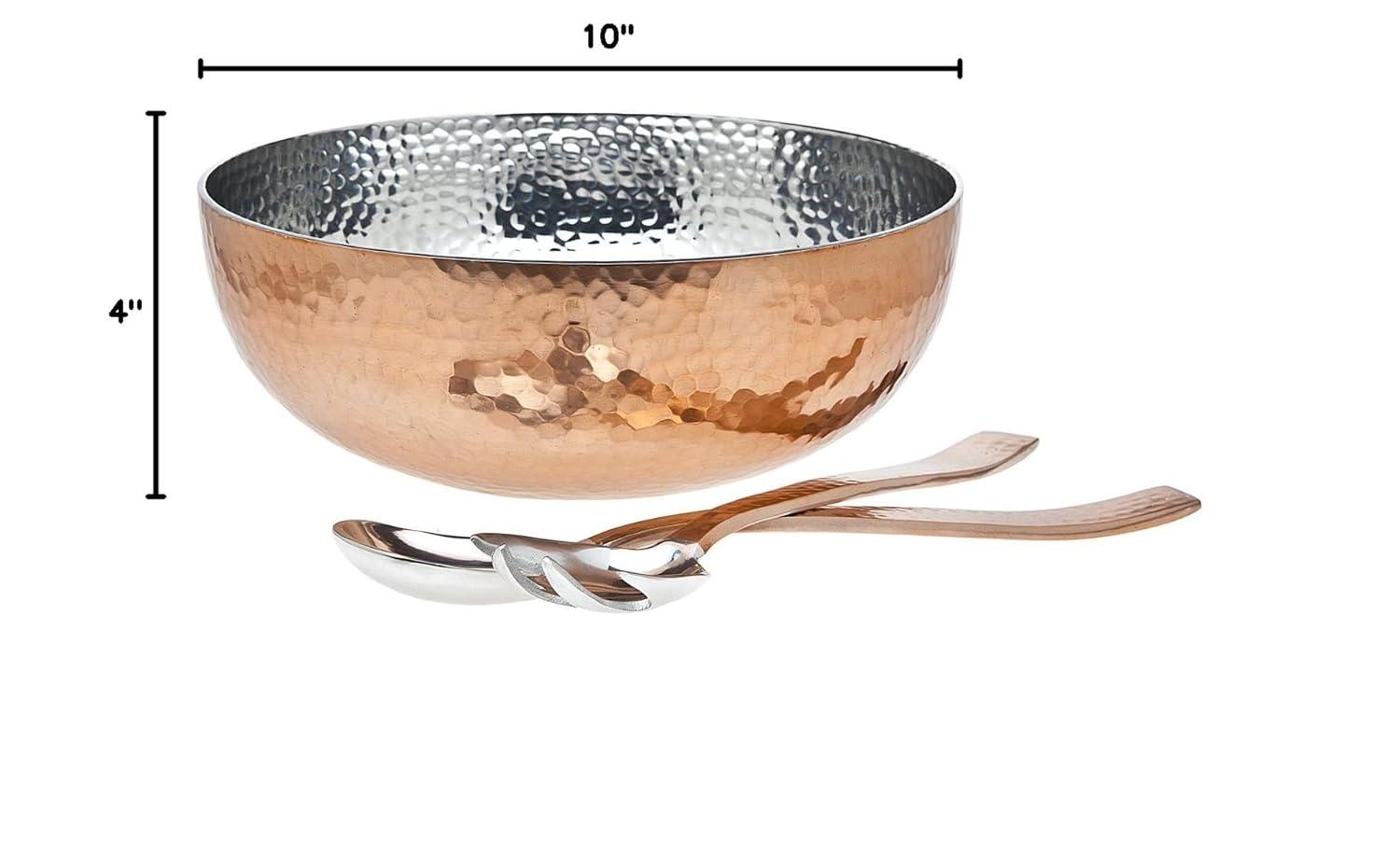 Classic Hammered Copper Salad Serving Bowl with Utensils