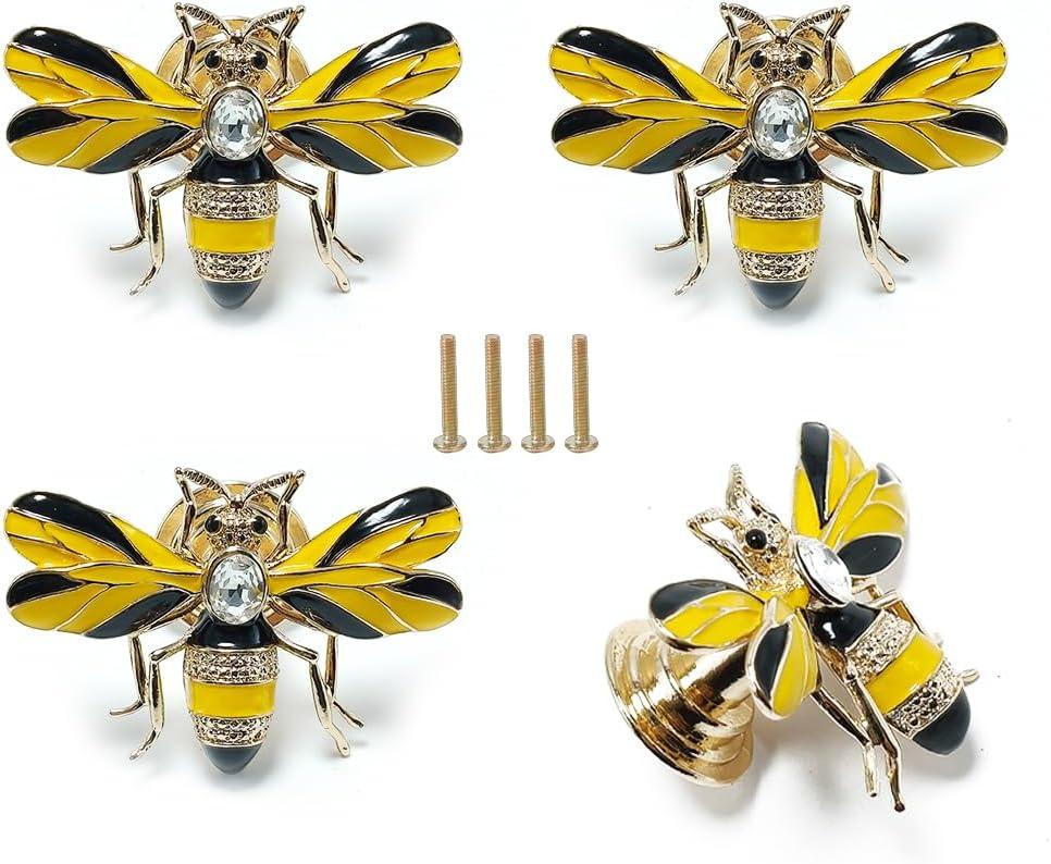 Stylish Yellow Bee Knob Handle 4 Pcs Zinc Alloy Furniture Decoration Accessories(Bee) for Cupboards, Wardrobes, Drawers, Bedside Cabinets, Closet Doors - Designed for Home or Office