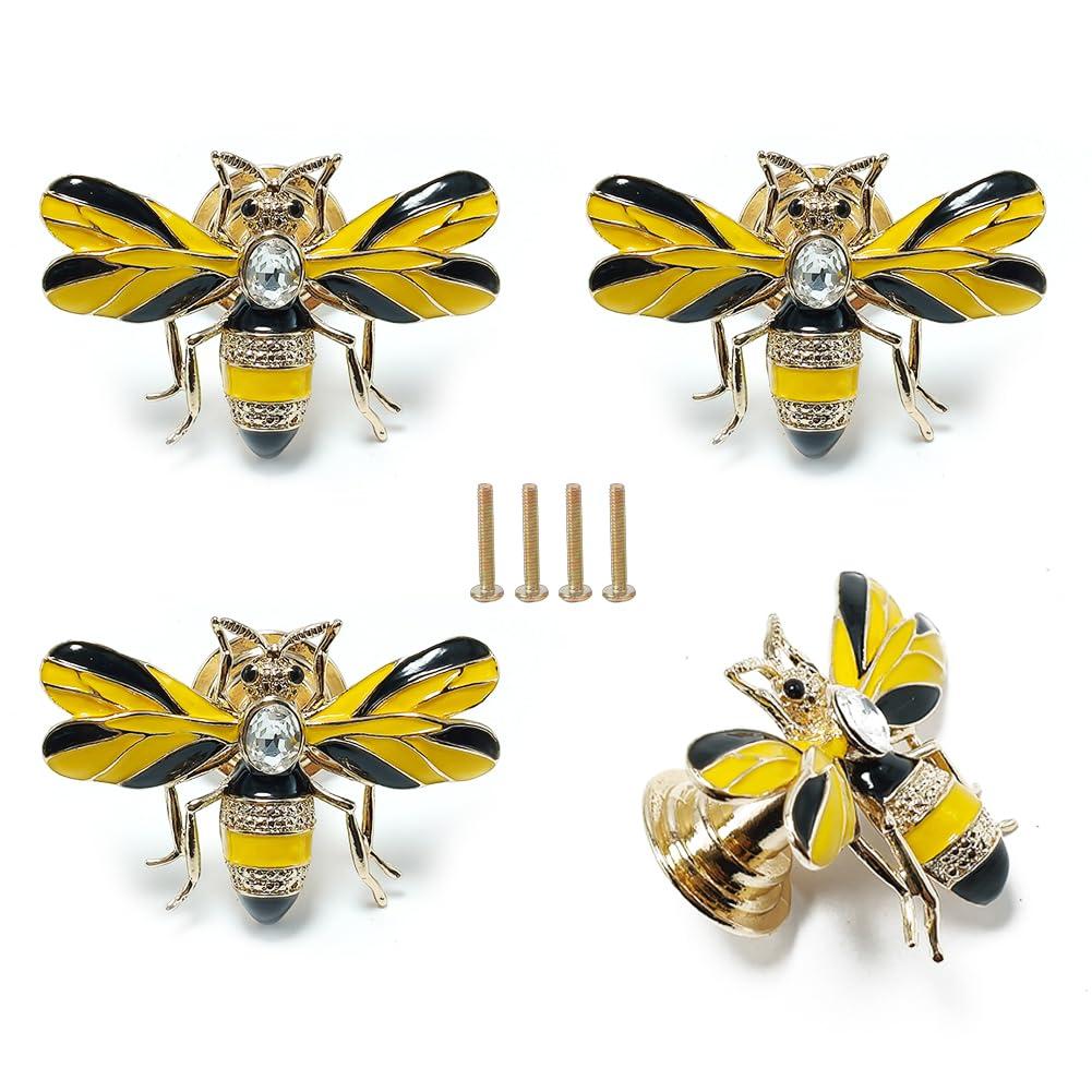 Stylish Yellow Bee Knob Handle 4 Pcs Zinc Alloy Furniture Decoration Accessories(Bee) for Cupboards, Wardrobes, Drawers, Bedside Cabinets, Closet Doors - Designed for Home or Office