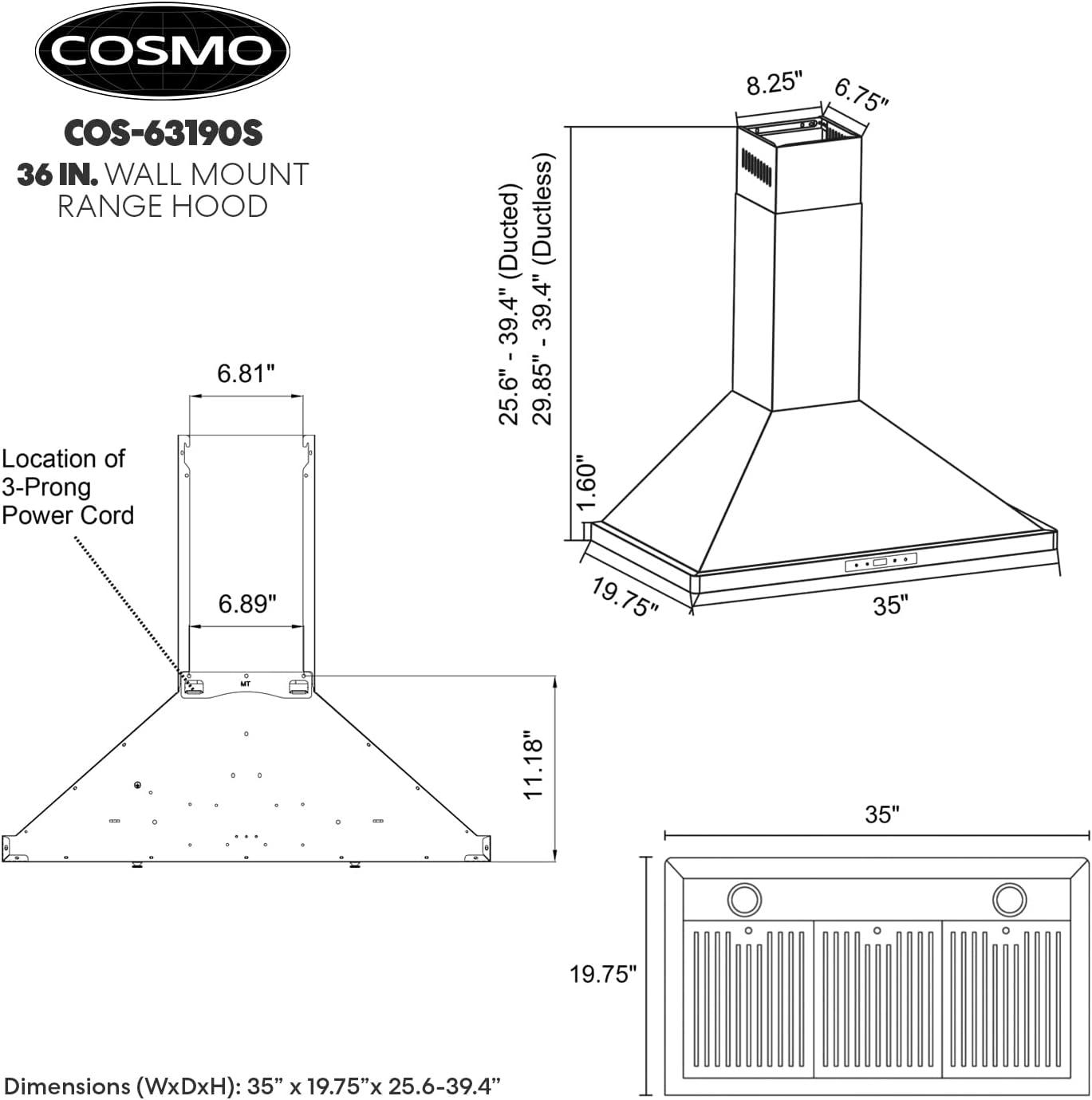 Cosmo 36 in. Ducted Wall Mount Range Hood in Stainless Steel with Touch Controls, LED Lighting and Permanent Filters