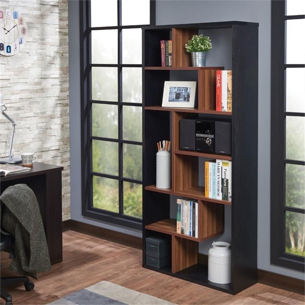 Wooden Rectangular Cube Bookcase Natural Brown and Black- Saltoro Sherpi