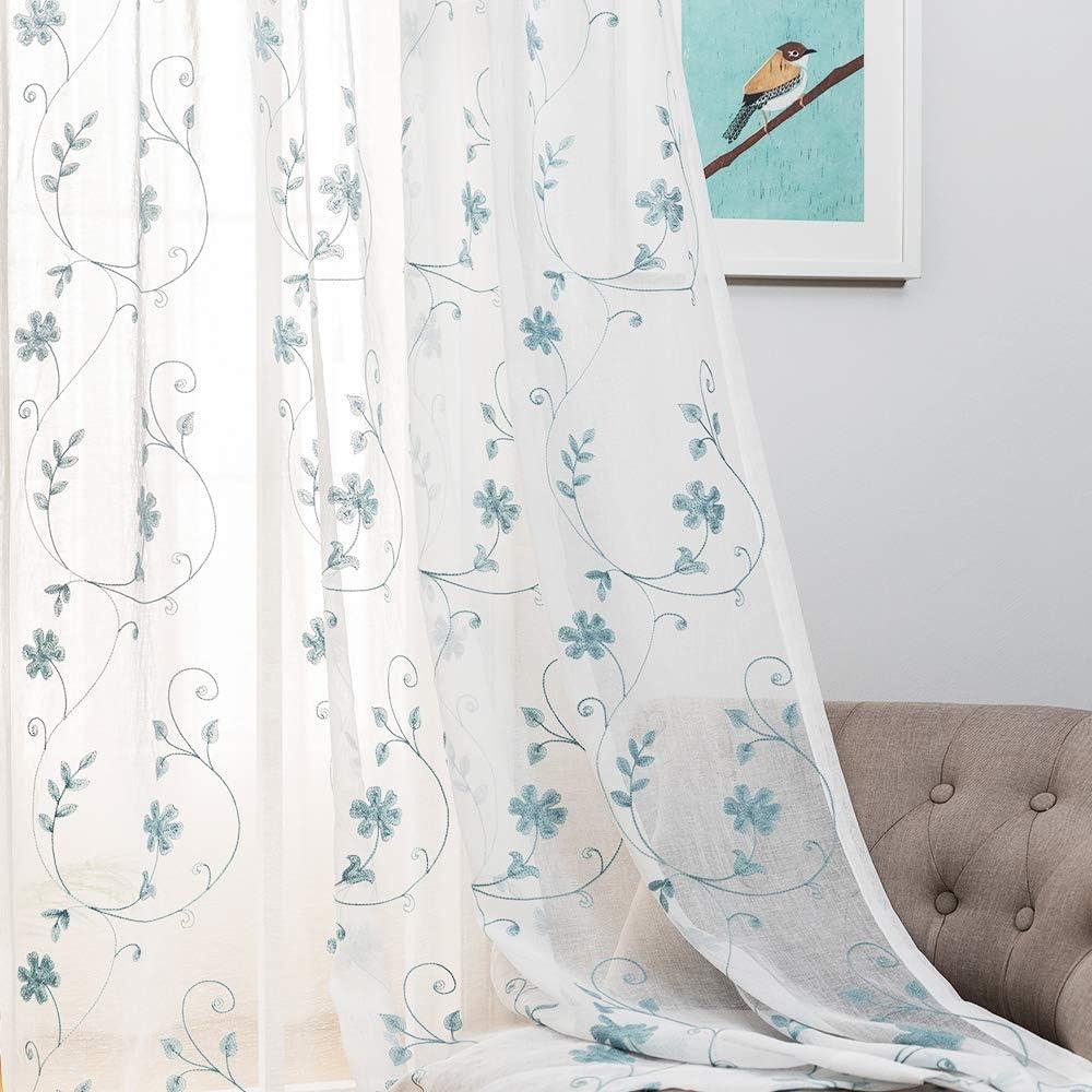 Blue Floral Embroidery Sheer Rod Pocket Curtains, 52" x 63"