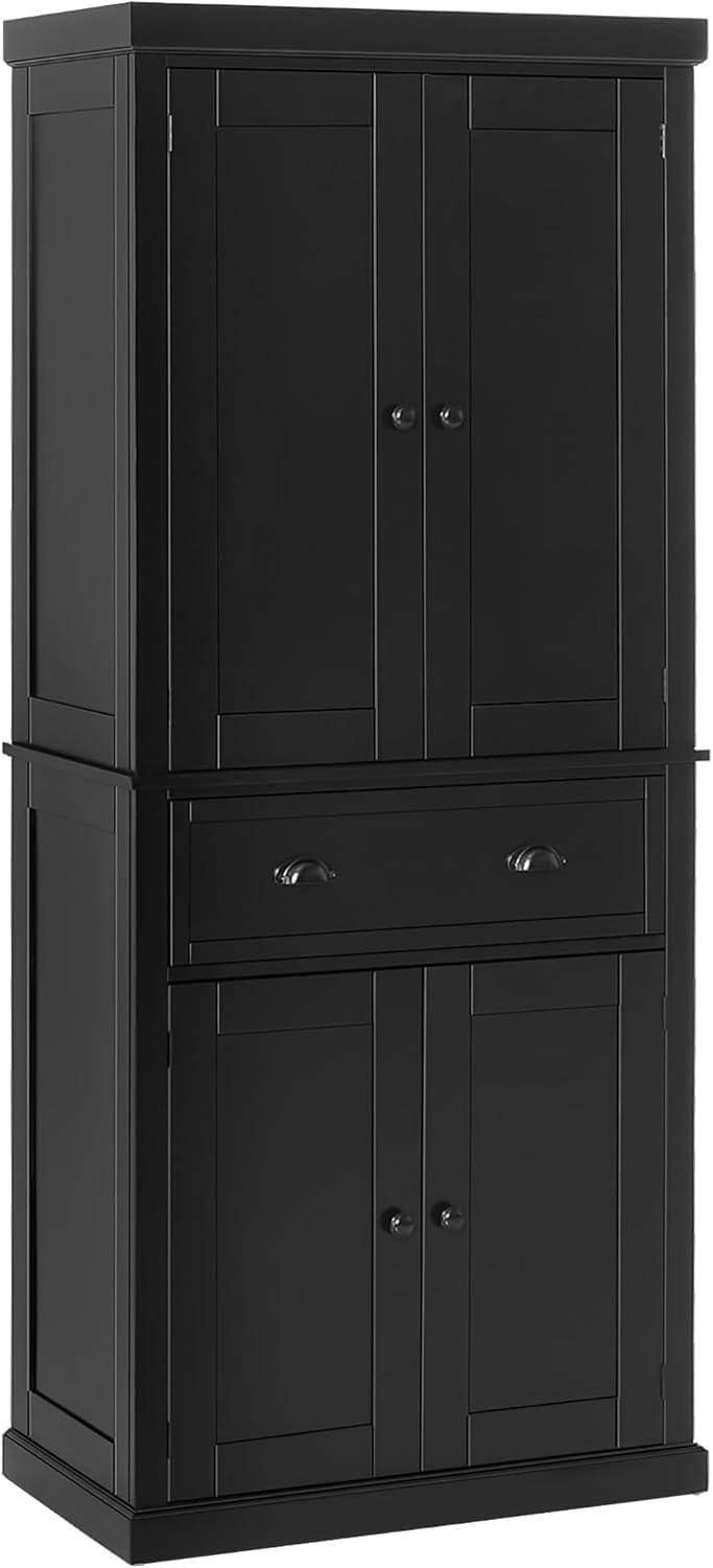 HOMCOM 72.5" Kitchen Pantry Cabinet, Traditional Freestanding Storage Cabinet with 4 Doors, Drawer and 3 Adjustable Shelves for Dining Room, Black