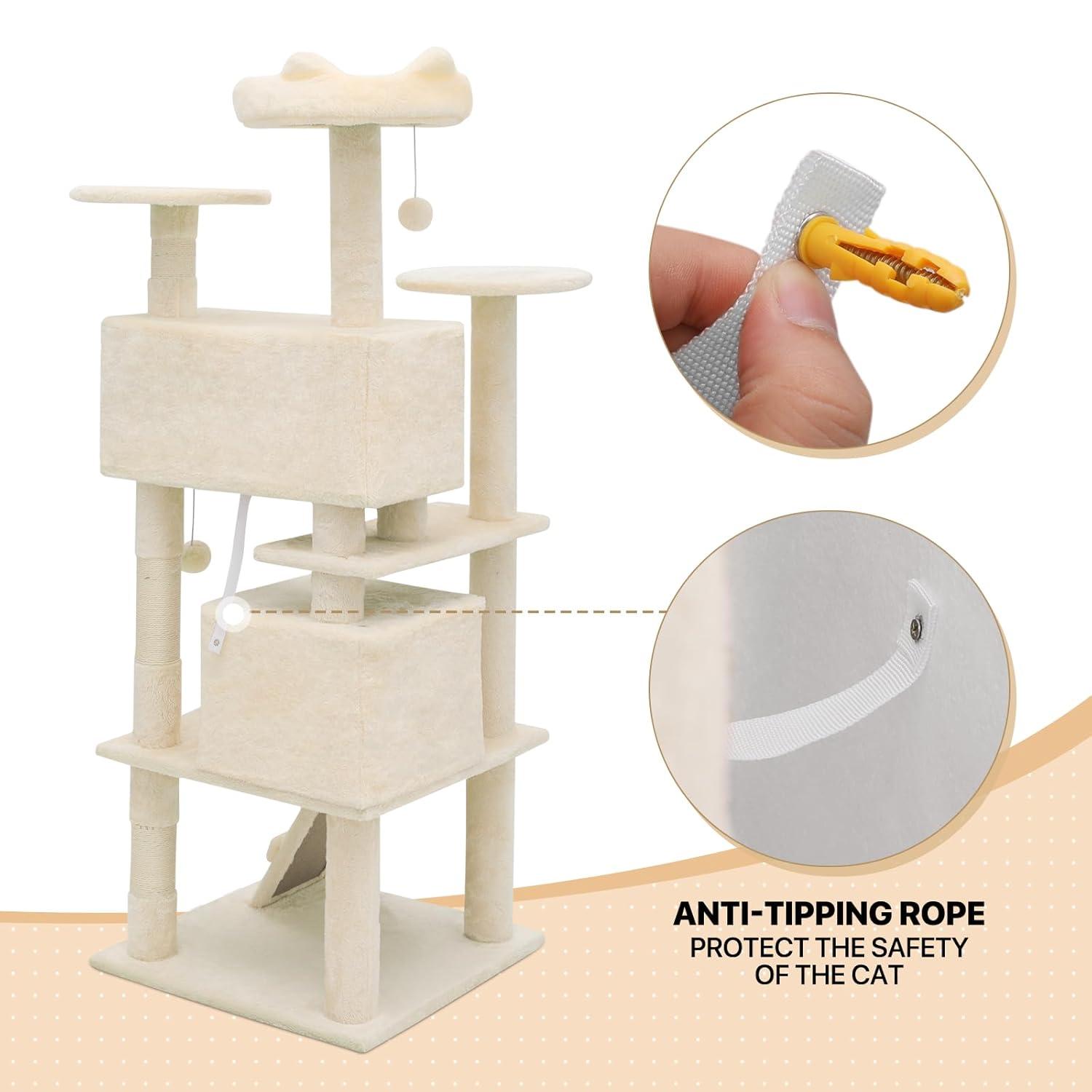 MoNiBloom 54" Cat Tree & Condo Scratching Post Tower, Beige