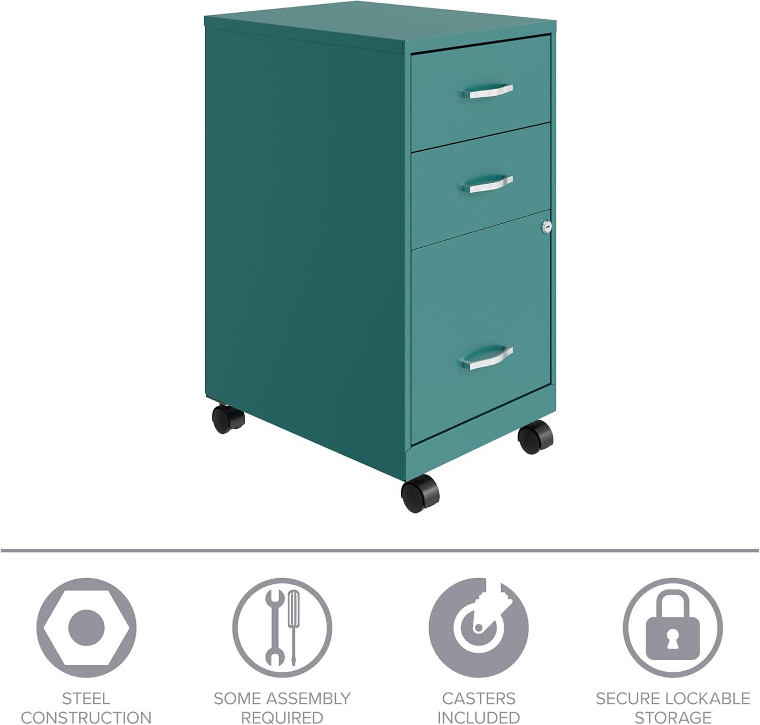 Compact Teal Steel 3-Drawer Mobile Pedestal File Cabinet