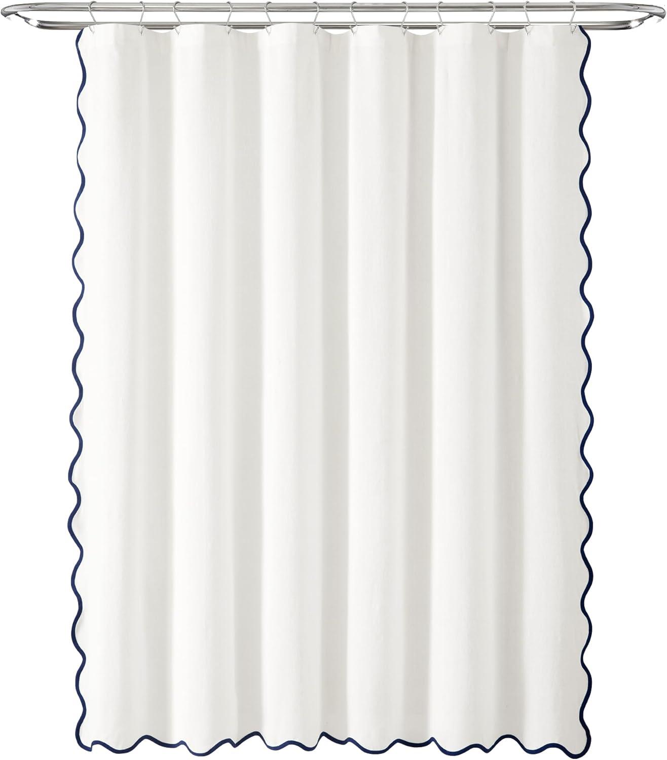 Boho Chic Aesthetic Scallop Edge Shower Curtain, Decorative Coastal Bathroom Curtain for Home Decor, 72 x 72 White and Navy Elegant Minimalist Textured Cloth Bath Curtain (LQ-36)
