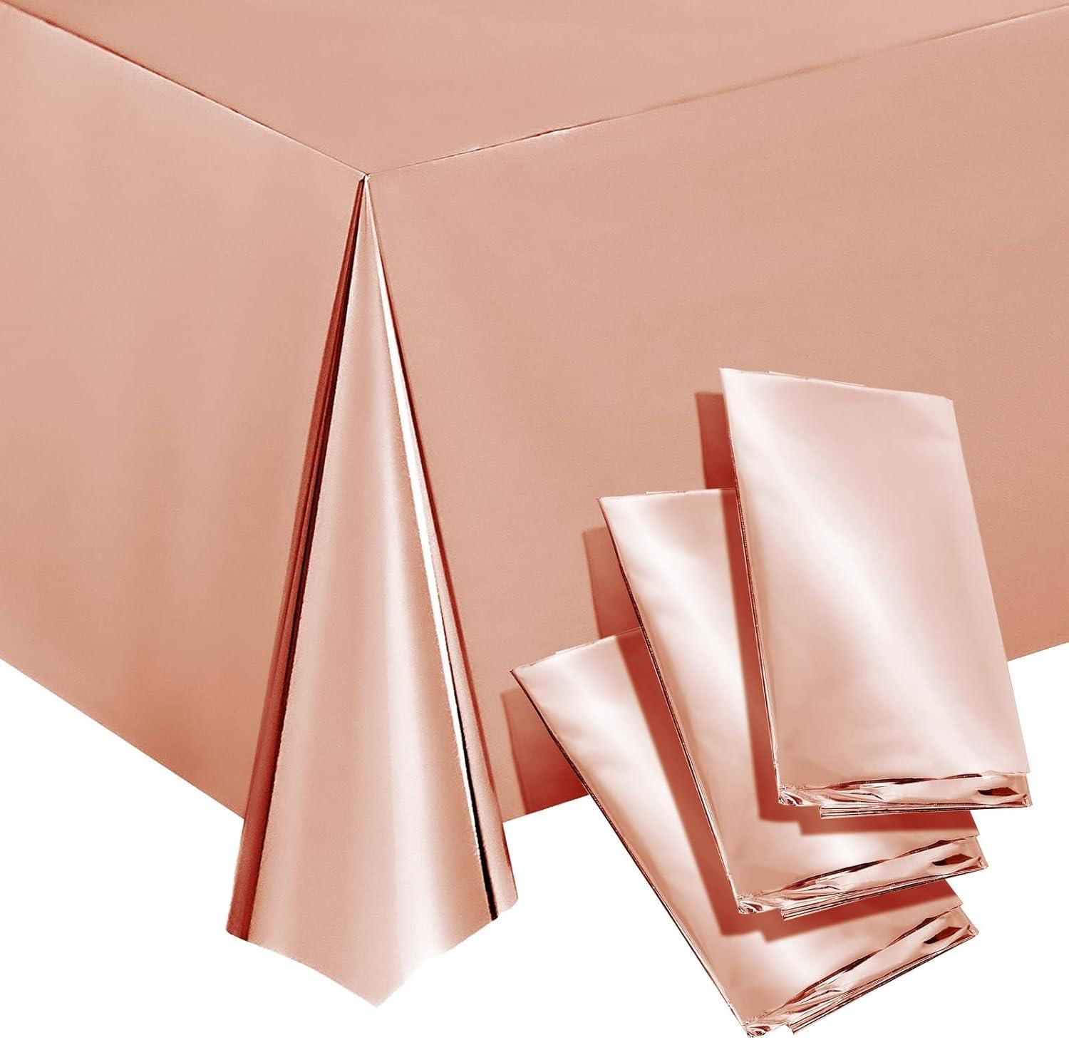 Sparkle and Bash 3 Pack Rose Gold Plastic Tablecloth, Metallic Table Cover Disposable for Pink Birthday Parties, Bridal Shower Decor, 54 x 108 In