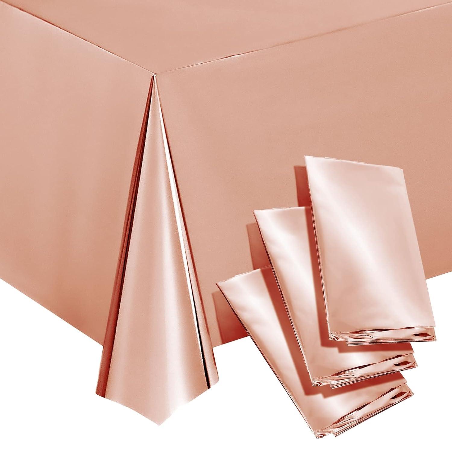 Sparkle and Bash 3 Pack Rose Gold Plastic Tablecloth, Metallic Table Cover Disposable for Pink Birthday Parties, Bridal Shower Decor, 54 x 108 In