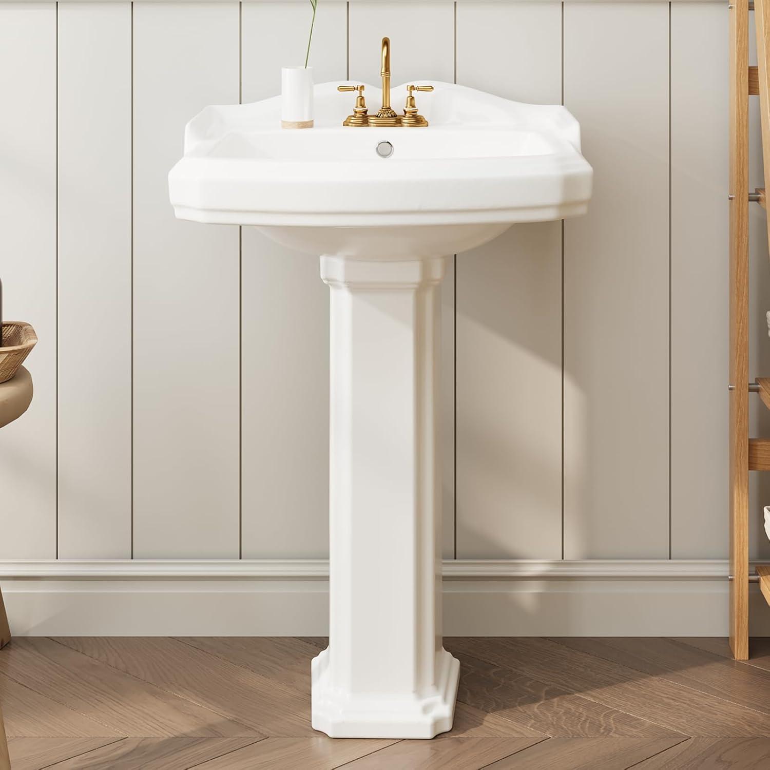 Vintage White Ceramic Pedestal Bathroom Sink with Overflow and 3 Holes