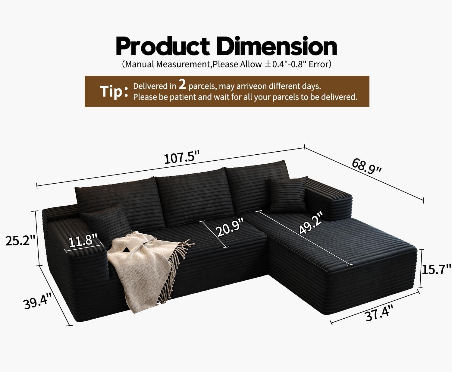107.5" Cloud Modular Sectional Sofa Couch with L-Shape Chaise,Modern Minimalist Upholstered Couches for Living Room Bedroom,Deep Seat Corner Couch，No Assembly Required (Black,Left Facing Chaise)