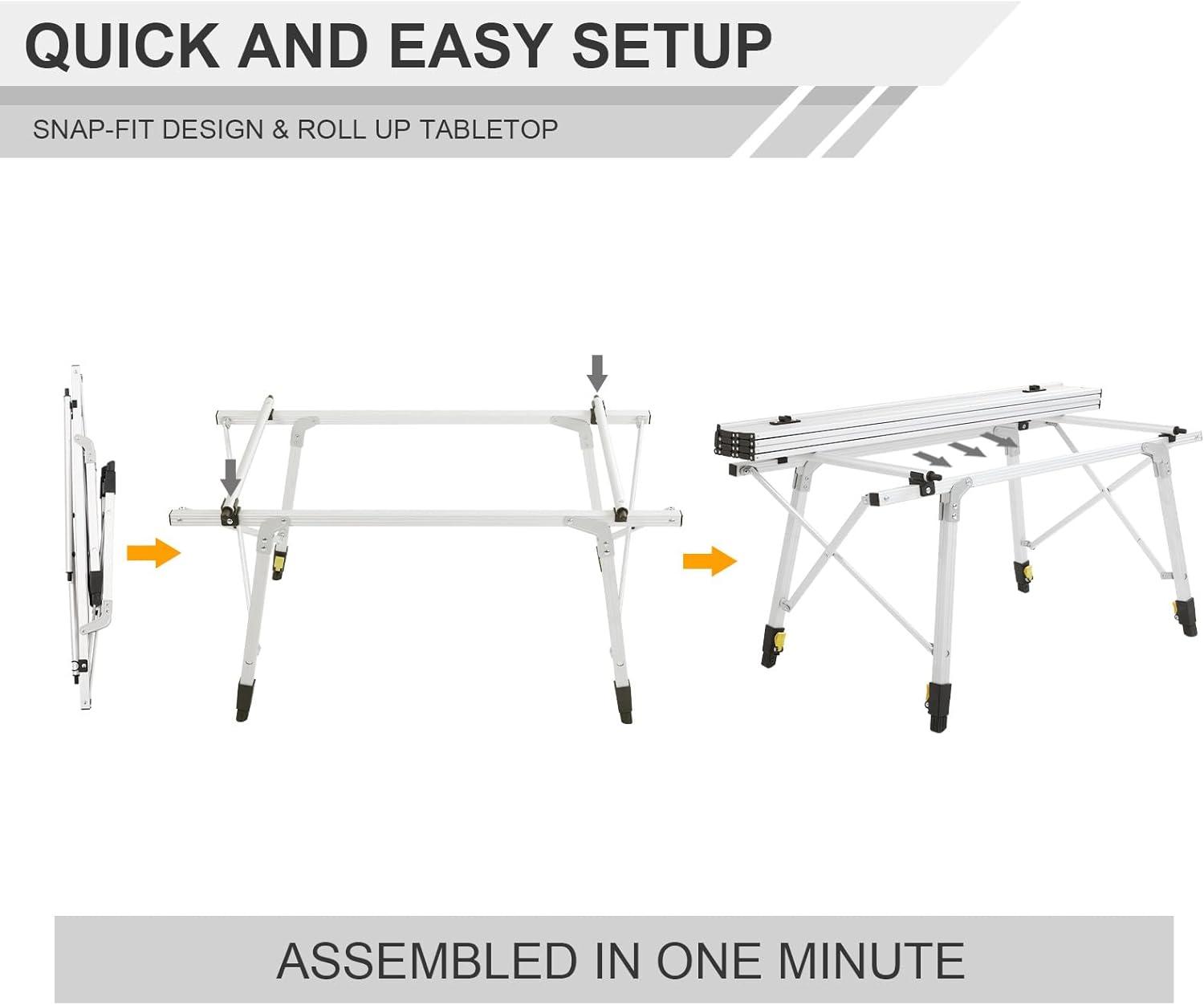 PORTAL Outdoor Folding Portable Picnic Camping Table with Adjustable Height Aluminum Roll Up Table Top Mesh Layer, Silver
