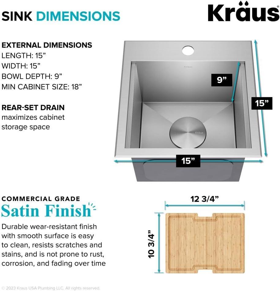 KRAUS Kore™ 15" L Drop-In Top Mount Workstation 16 Gauge Stainless Steel Square Single Bowl Kitchen Bar Sink